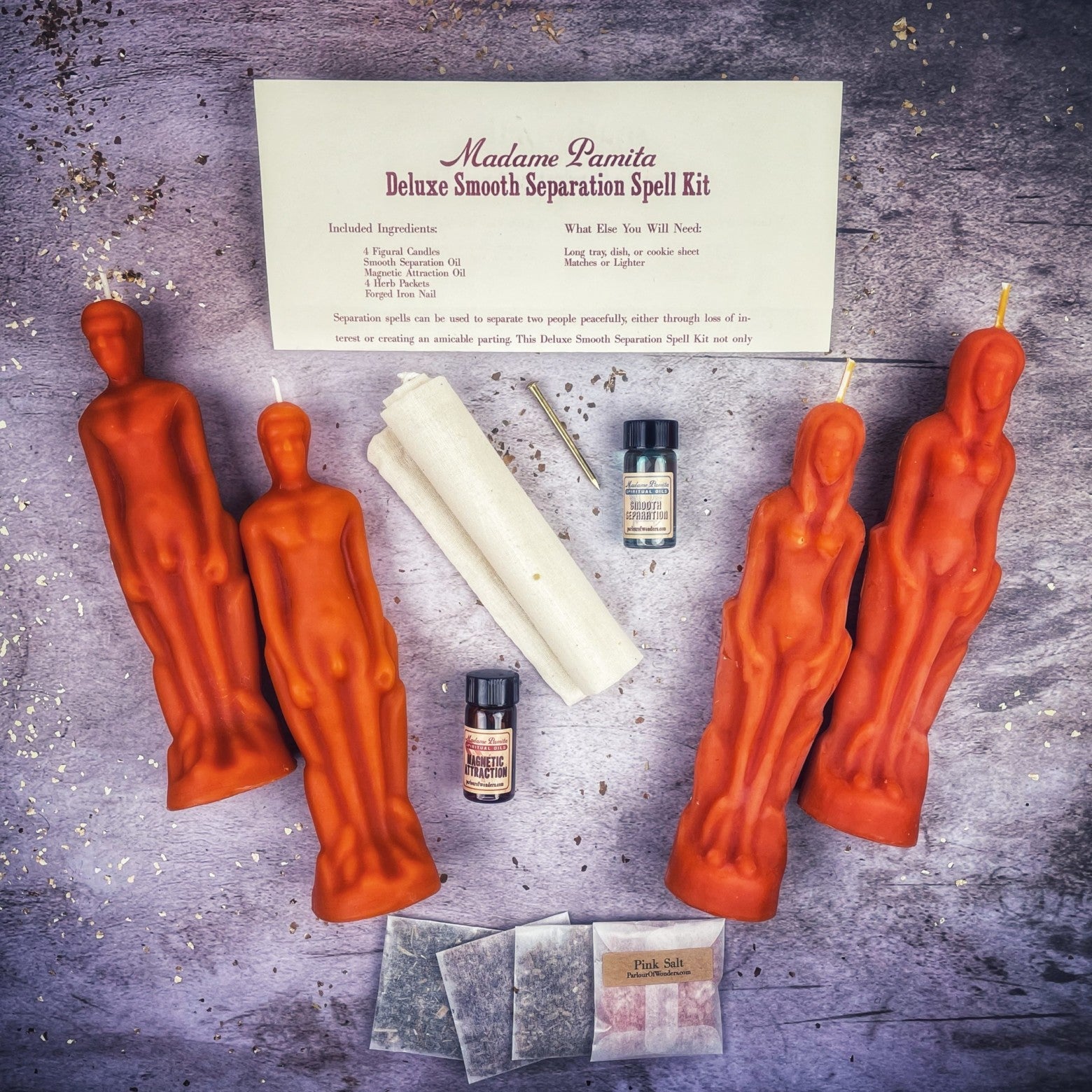 Deluxe Smooth Separation Candle Spell Kit with black candles for peaceful parting and love direction, by Parlour of Wonders.