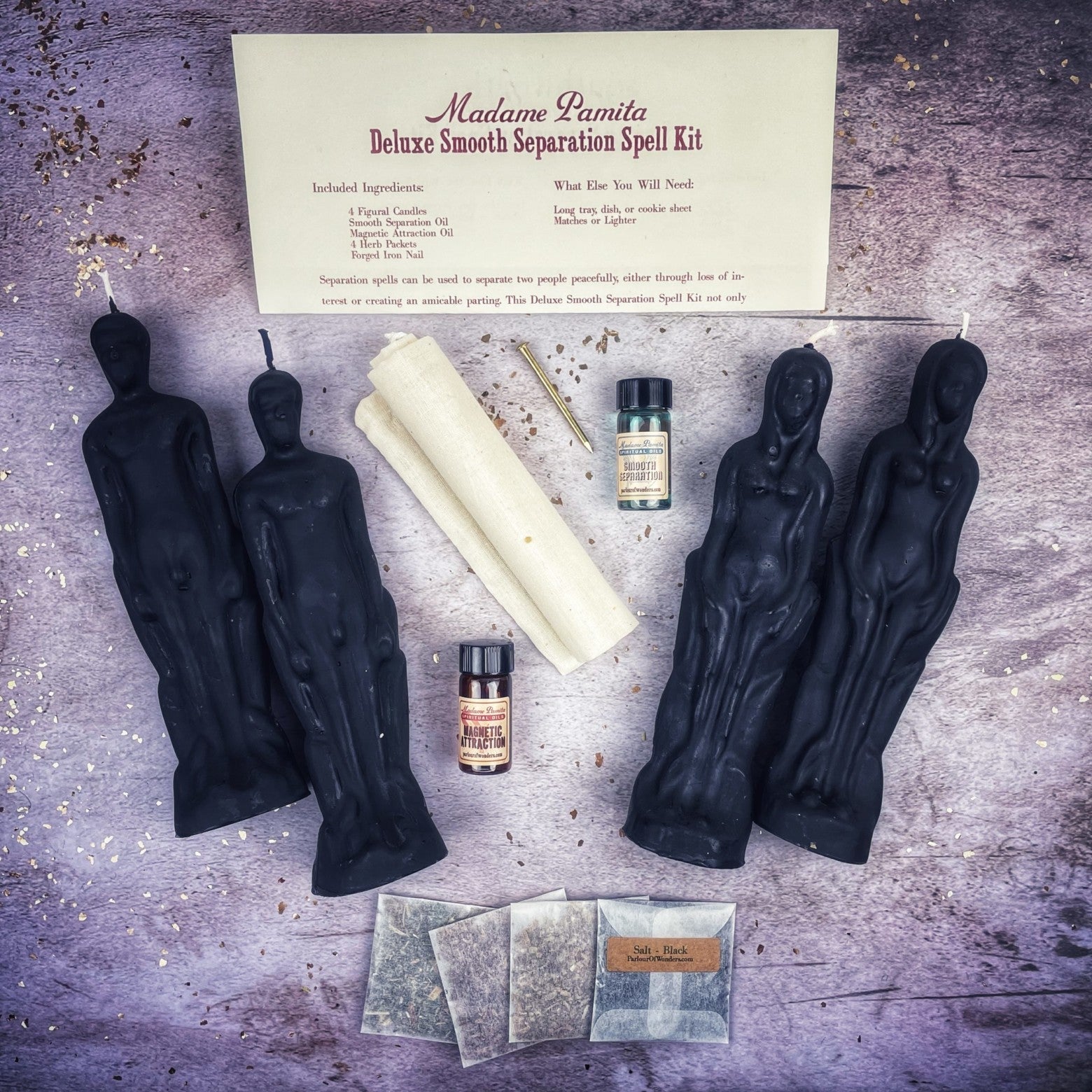 Deluxe Smooth Separation Candle Spell Kit by Parlour of Wonders showing black candles and ritual tools for peaceful parting and love direction.