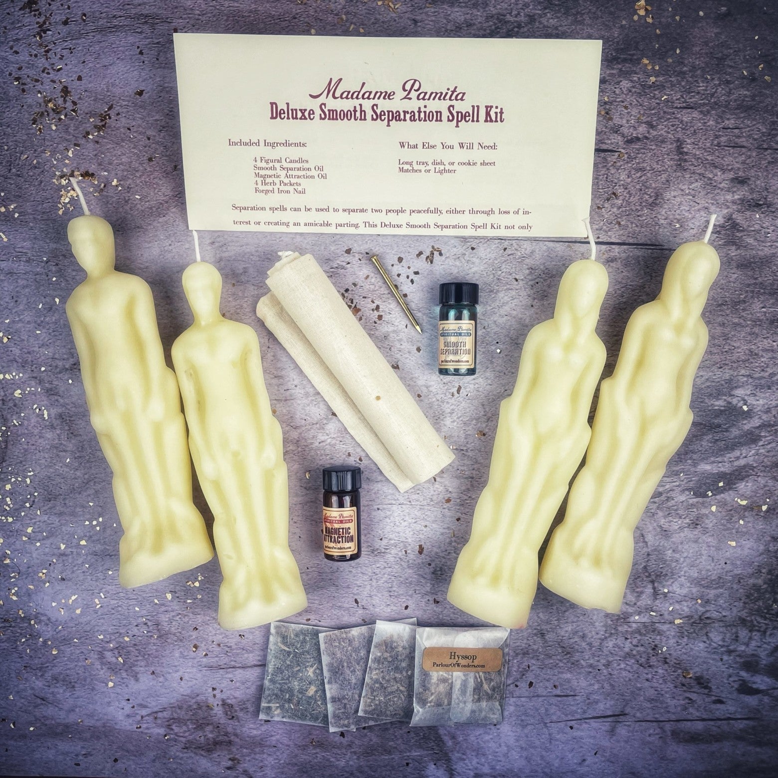 Deluxe Smooth Separation Candle Spell Kit by Parlour of Wonders, includes black candles for peaceful parting and love direction.