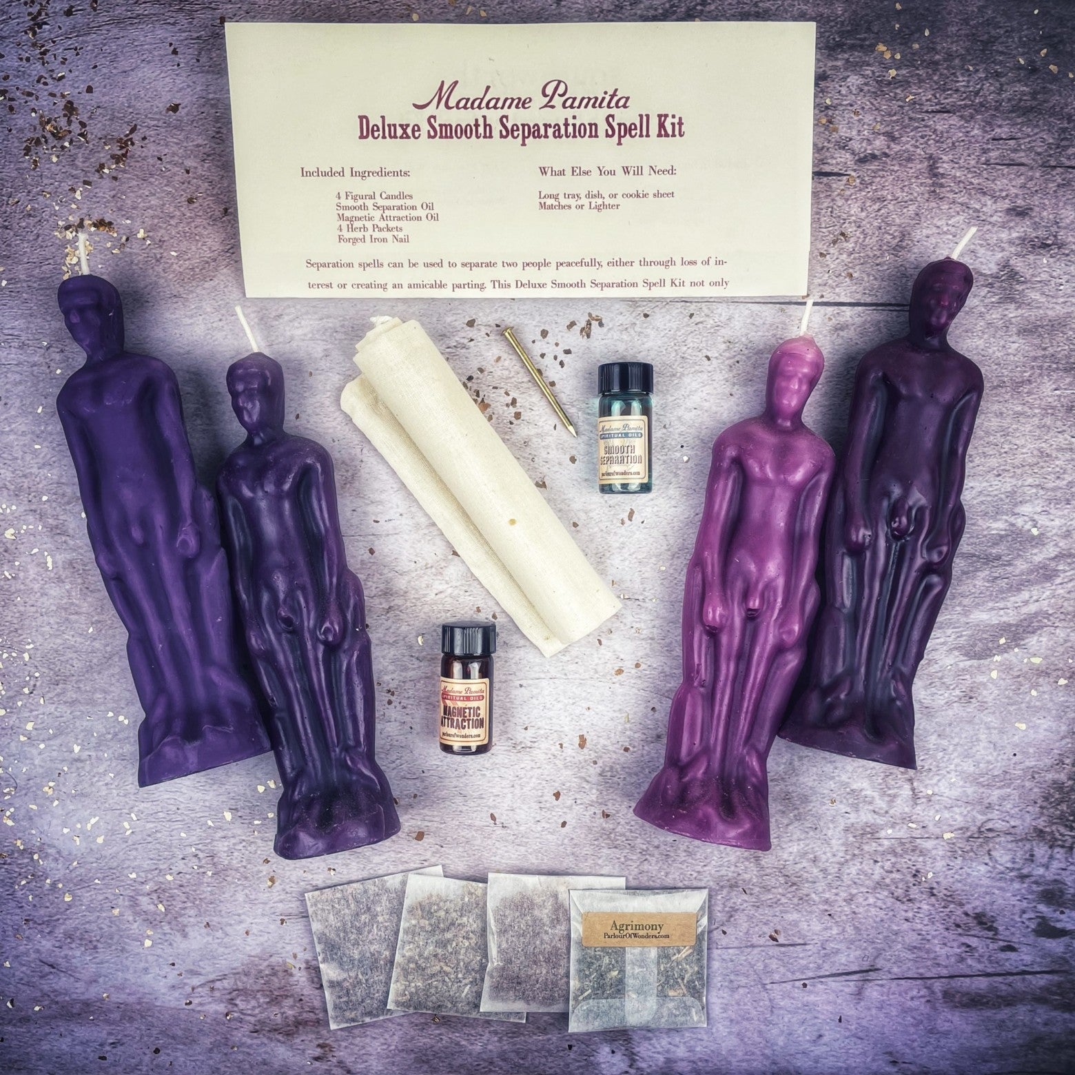 Deluxe Smooth Separation Candle Spell Kit by Parlour of Wonders, featuring black candles for peaceful parting and love guidance.
