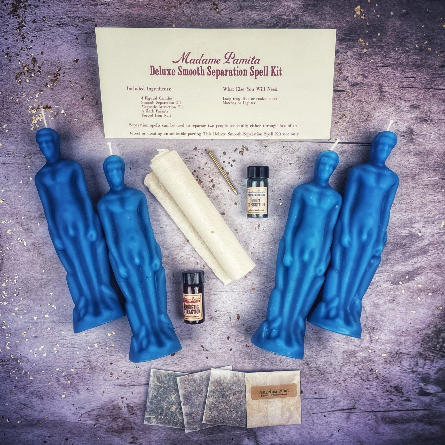 Deluxe Smooth Separation Candle Spell Kit for Male/Male by Parlour of Wonders, featuring black candles and ritual tools for peaceful parting.