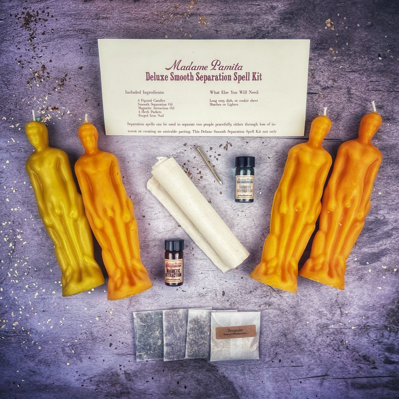 Deluxe Smooth Separation Candle Spell Kit for male/male relationships by Parlour of Wonders, featuring black candles for peaceful parting.