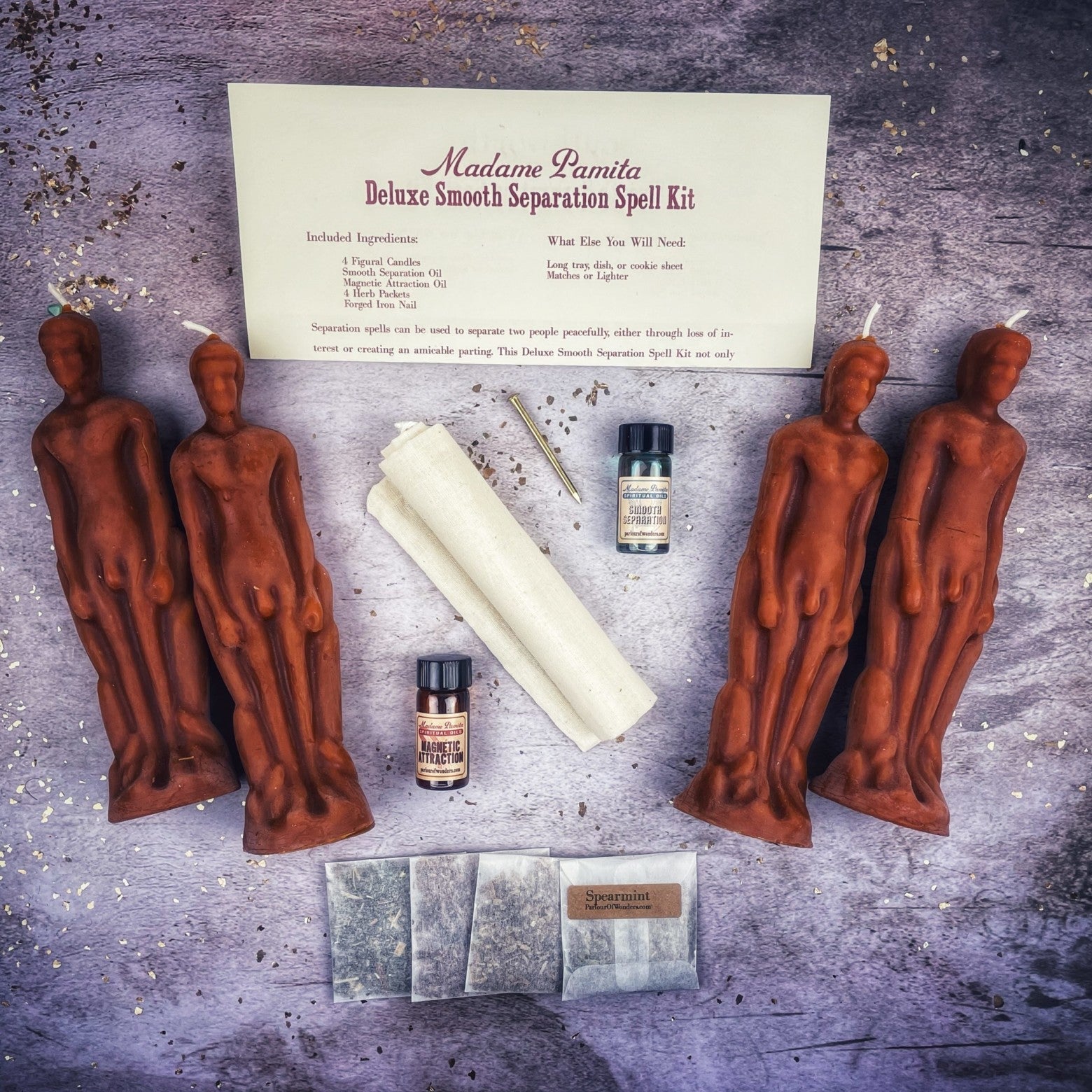 Deluxe Smooth Separation Candle Spell Kit for Male/Male by Parlour of Wonders, featuring black candles and love separation symbols.