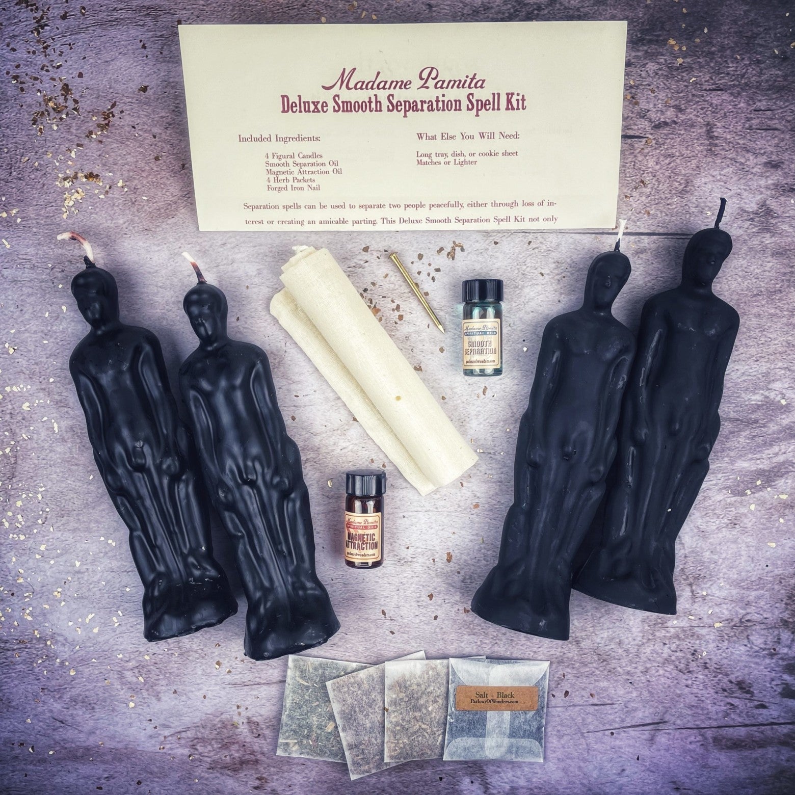 Deluxe Smooth Separation Candle Spell Kit for Male/Male relationships, including black candles and love and parting symbols.