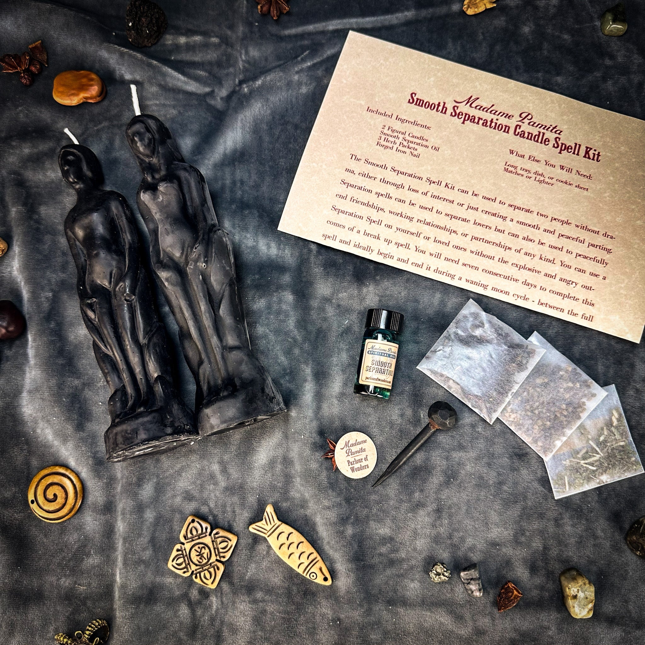 Parlour of Wonders Smooth Separation Candle Spell Kit with black candle for peaceful parting and human female figure illustration.
