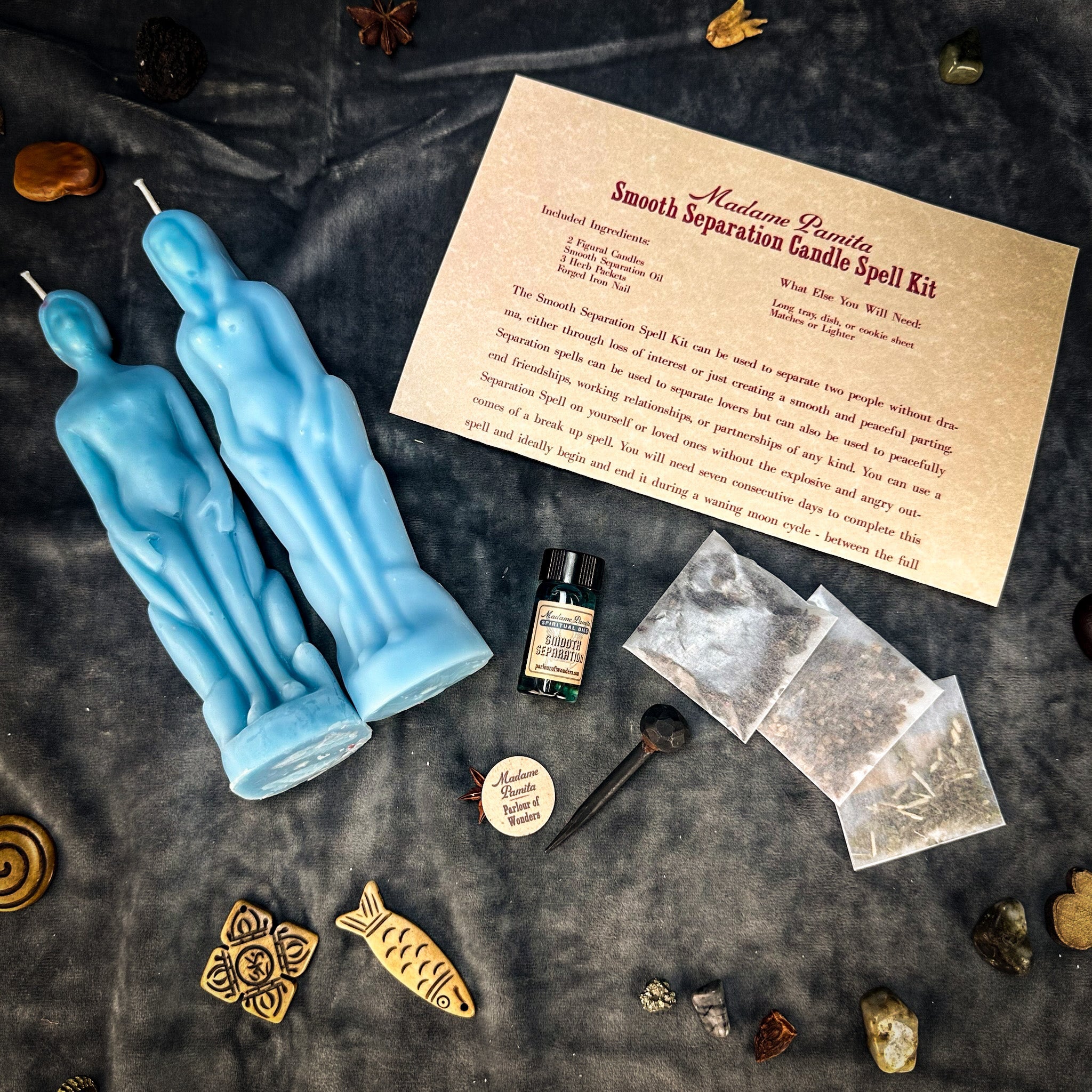 Parlour of Wonders Smooth Separation Candle Spell Kit with black candle for peaceful parting and human female separation ritual.