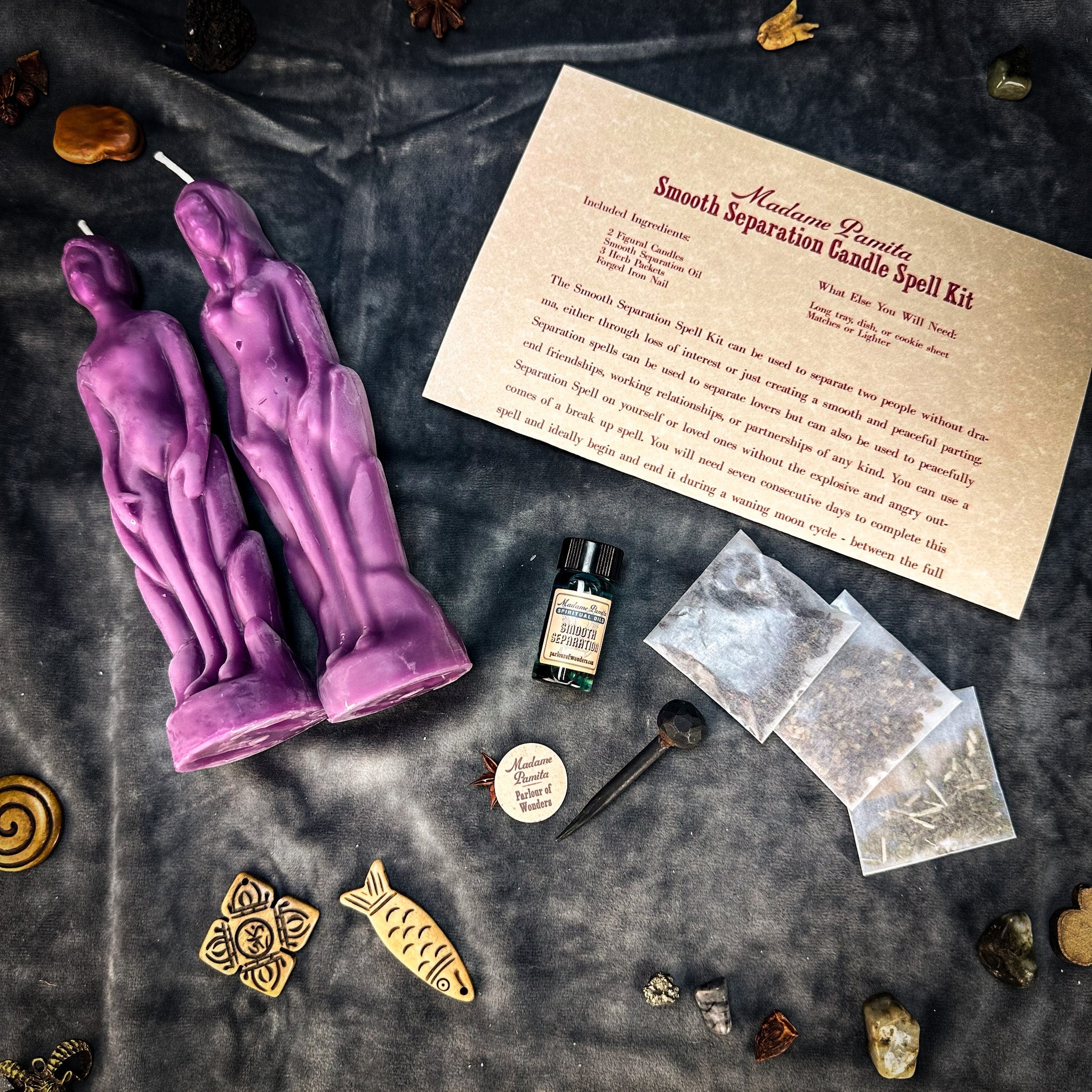 Black Candle Spell Kit for peaceful parting by Parlour of Wonders, includes candles and tools for human separation rituals.