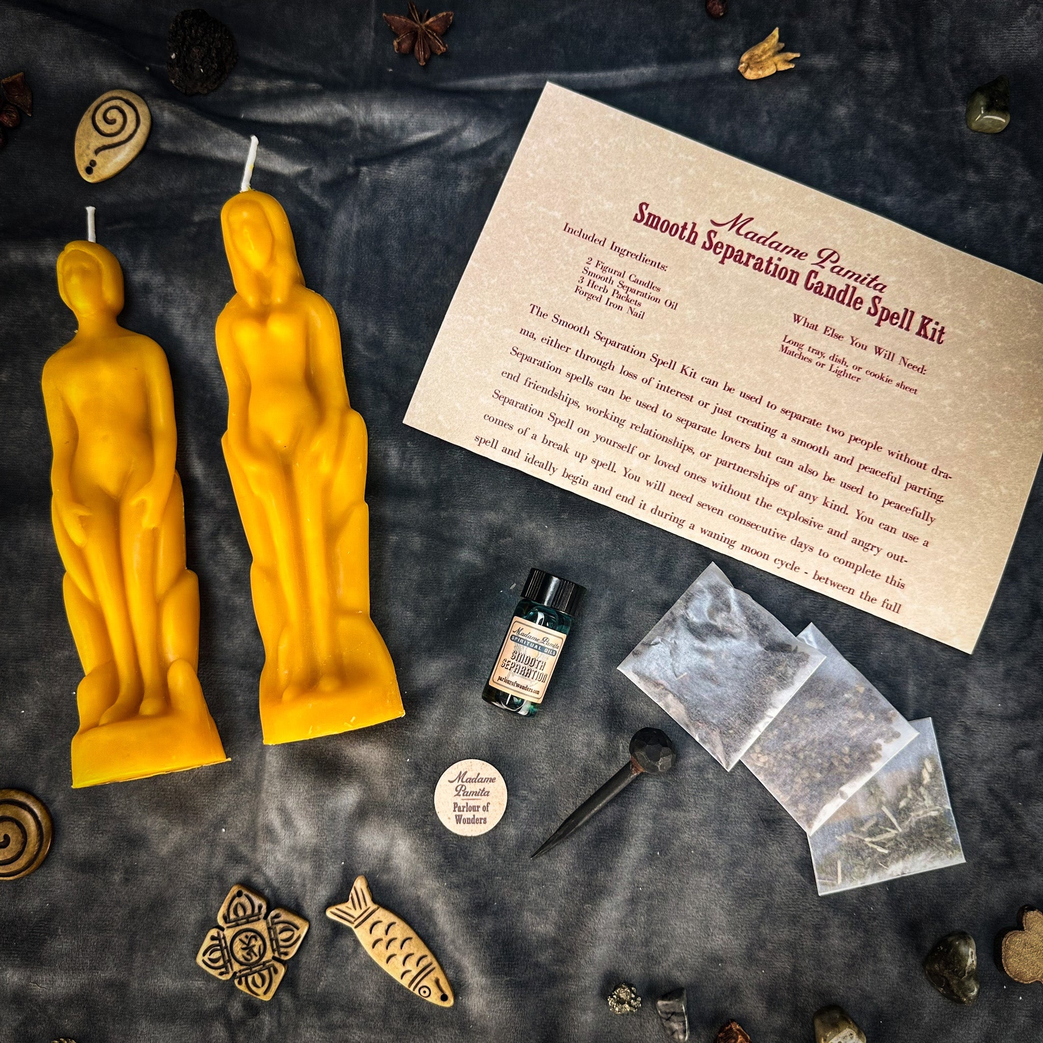 Smooth Separation Candle Spell Kit by Parlour of Wonders featuring black candles for peaceful parting and protective rituals.