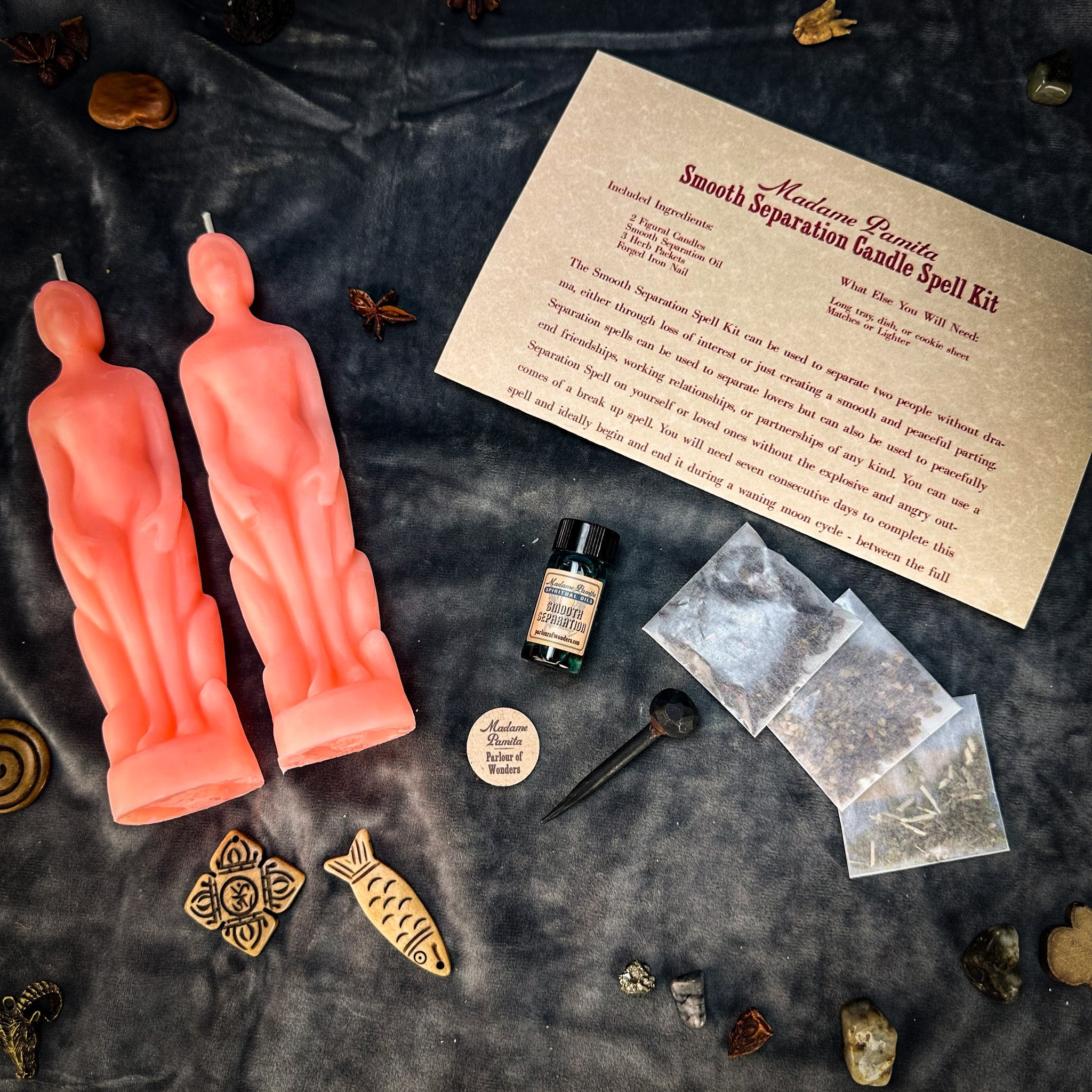 Smooth Separation Candle Spell Kit from Parlour of Wonders featuring black candles for peaceful parting and human separation rituals.
