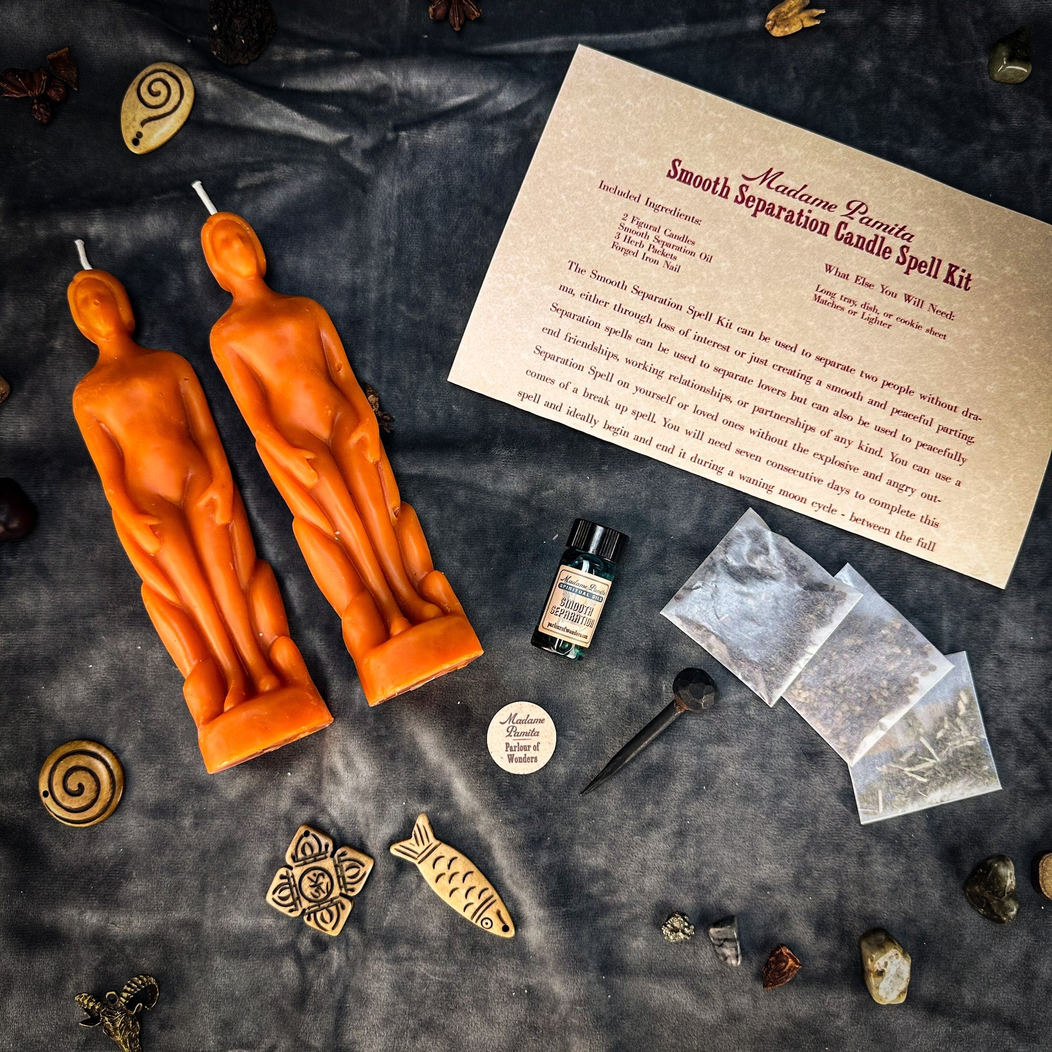 Parlour of Wonders Smooth Separation Candle Spell Kit featuring black candles for peaceful parting and human separation rituals.