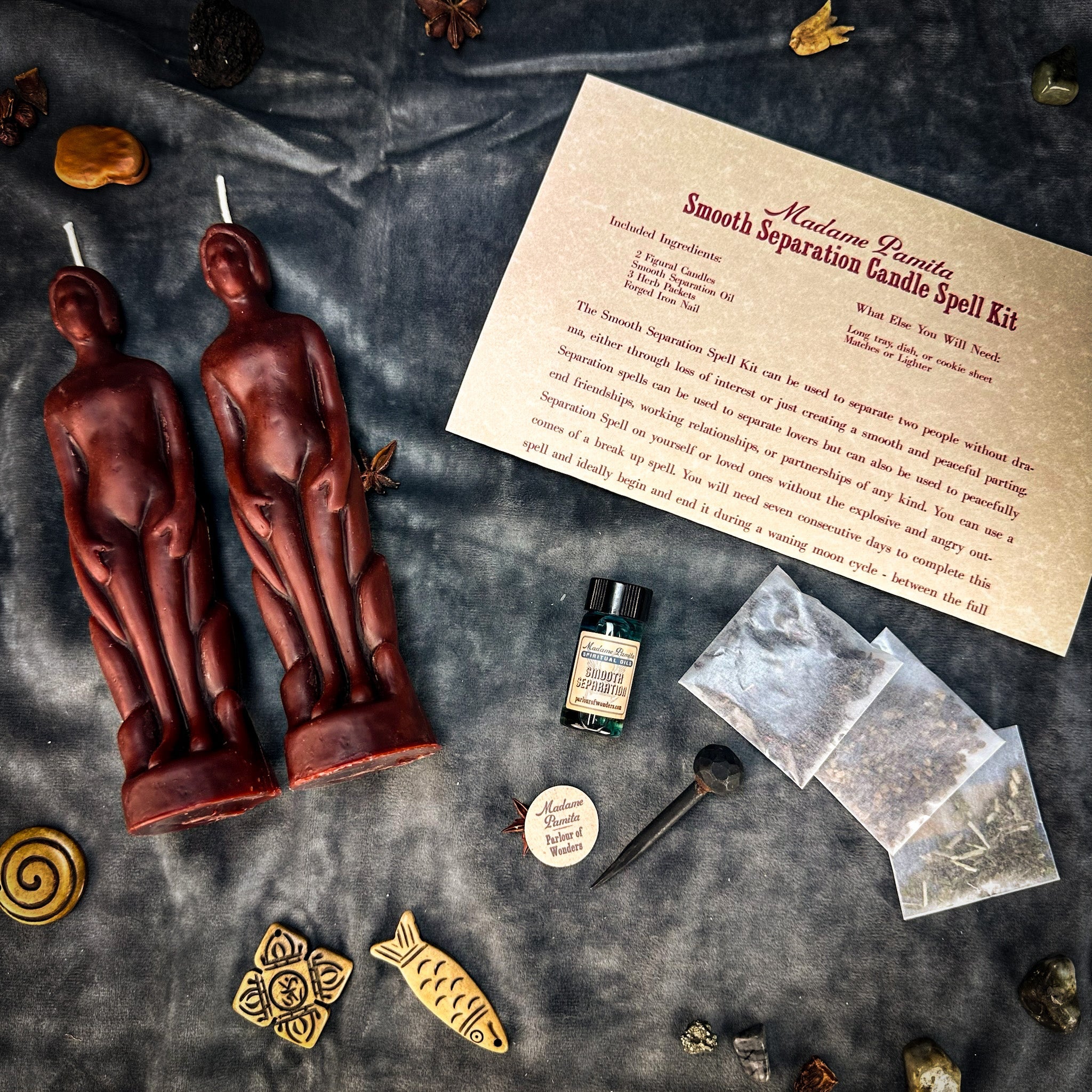 Parlour of Wonders Smooth Separation Candle Spell Kit with black candles for peaceful parting and human separation rituals.
