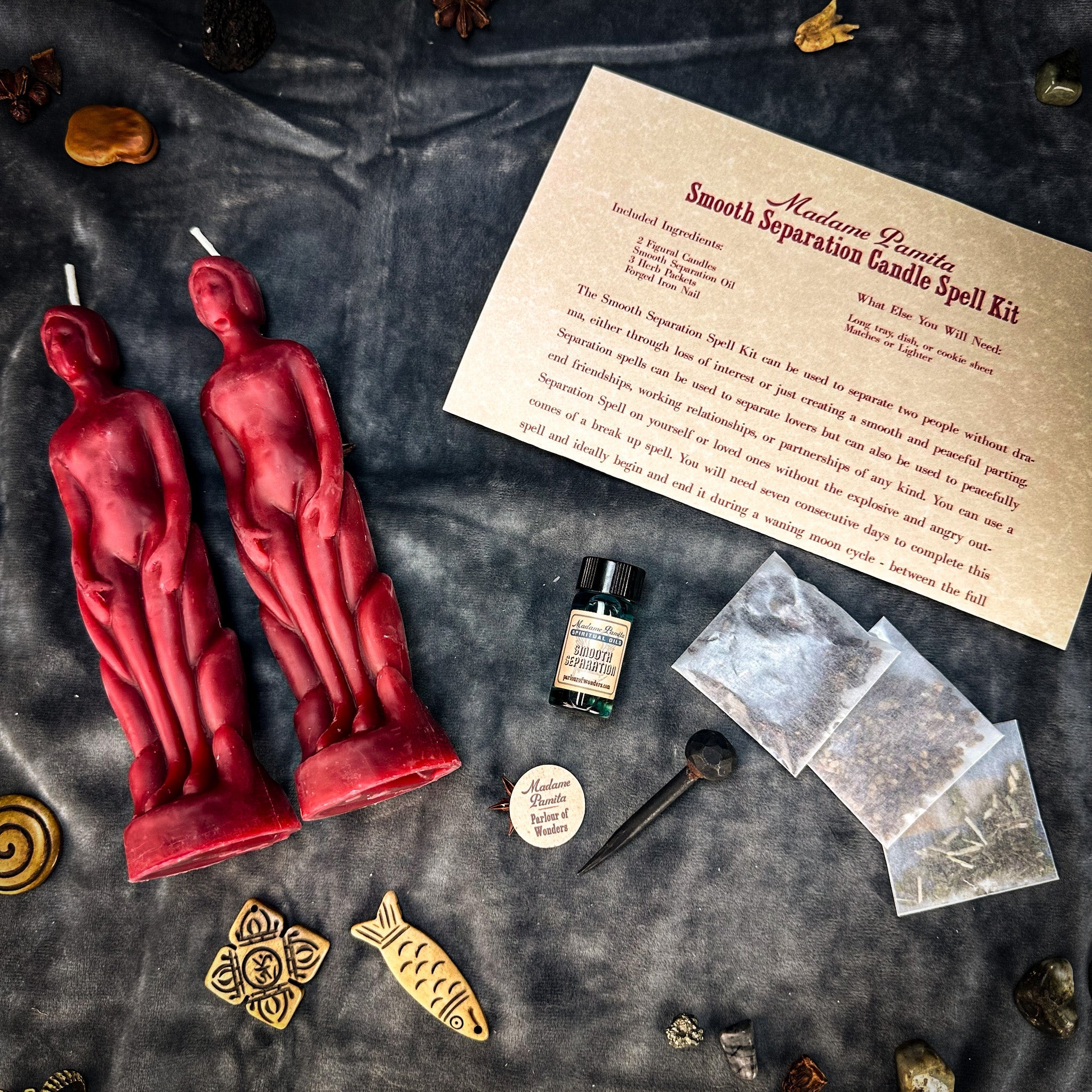 Parlour of Wonders Smooth Separation Candle Spell Kit with black candles for peaceful parting and human-to-human separation.