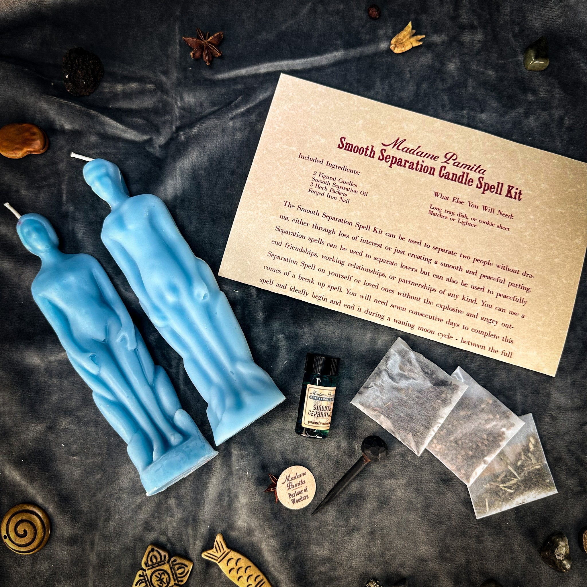 Smooth Separation Candle Spell Kit for human/male by Parlour of Wonders, featuring black candles for peaceful parting and protection.