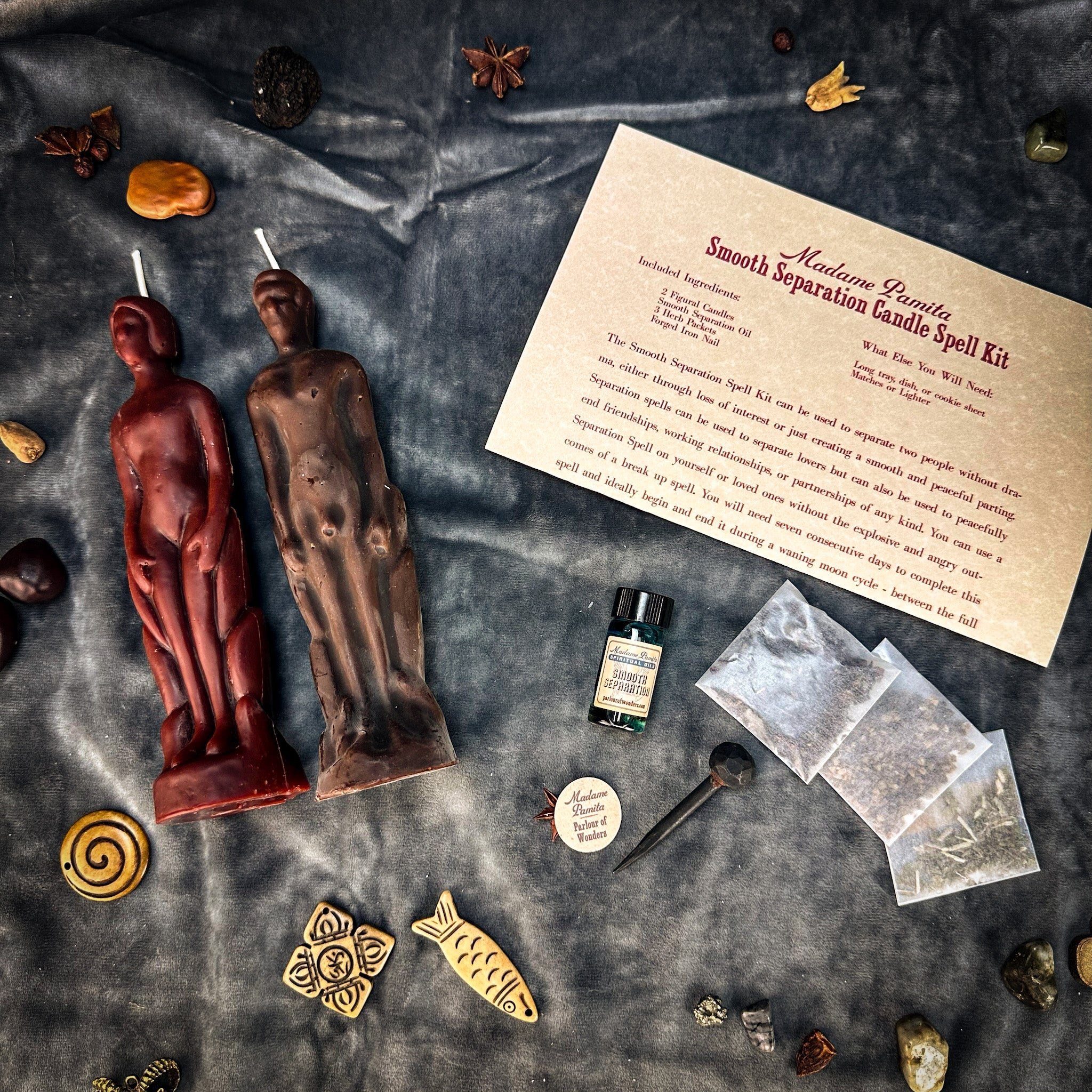 Smooth Separation Candle Spell Kit by Parlour of Wonders featuring a black candle for peaceful parting and human/male separation.