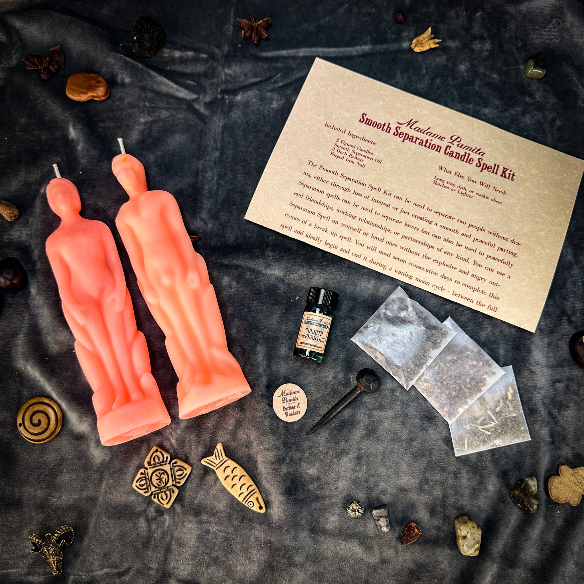 Smooth Separation Candle Spell Kit by Parlour of Wonders featuring black candles for peaceful parting and emotional closure.
