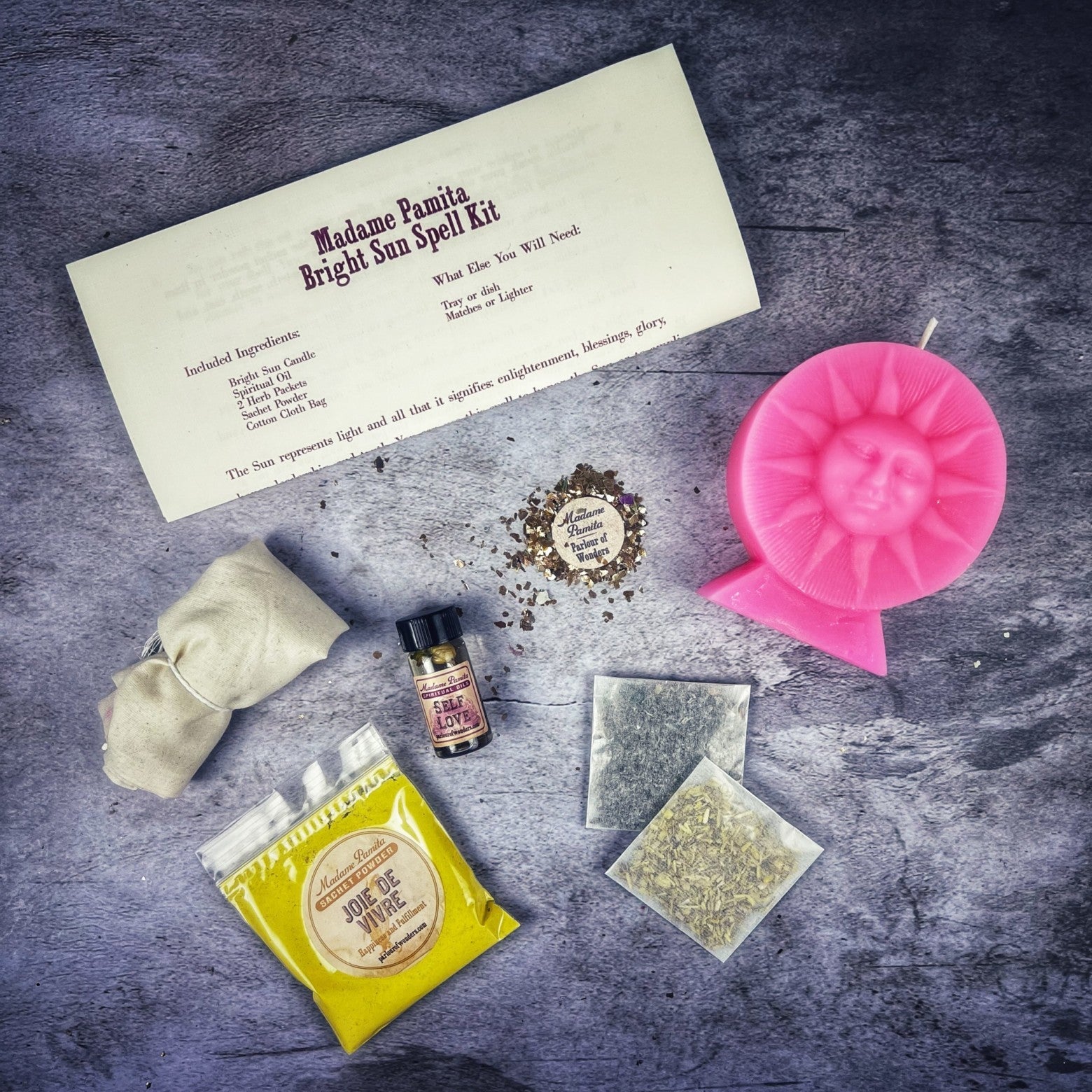 Parlour of Wonders Bright Sun Candle Spell Kit with black candles for success, fame, and radiant energy.