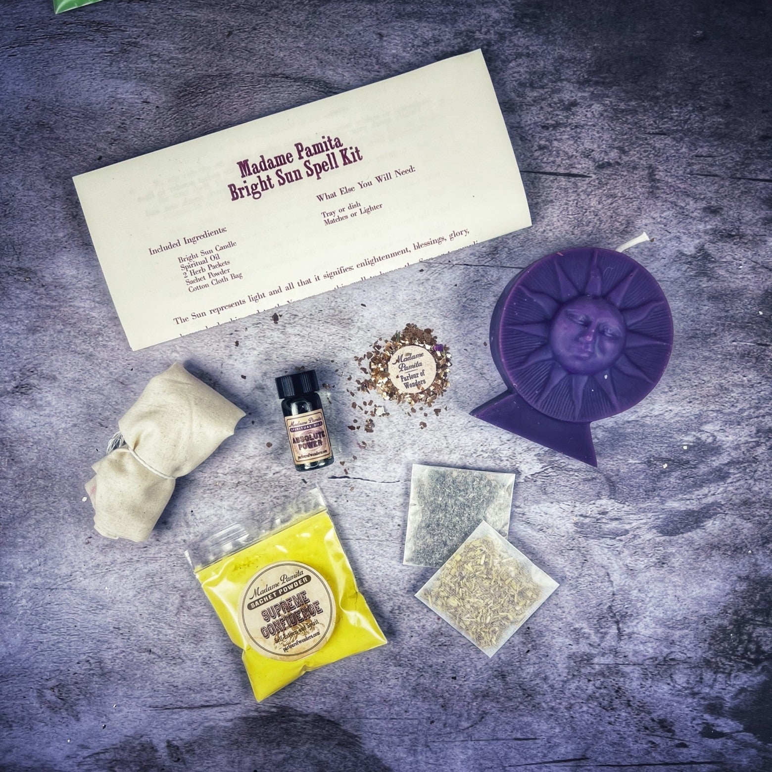 Bright Sun Candle Spell Kit by Parlour of Wonders featuring candles for success, fame, and radiant energy in a black protective set.