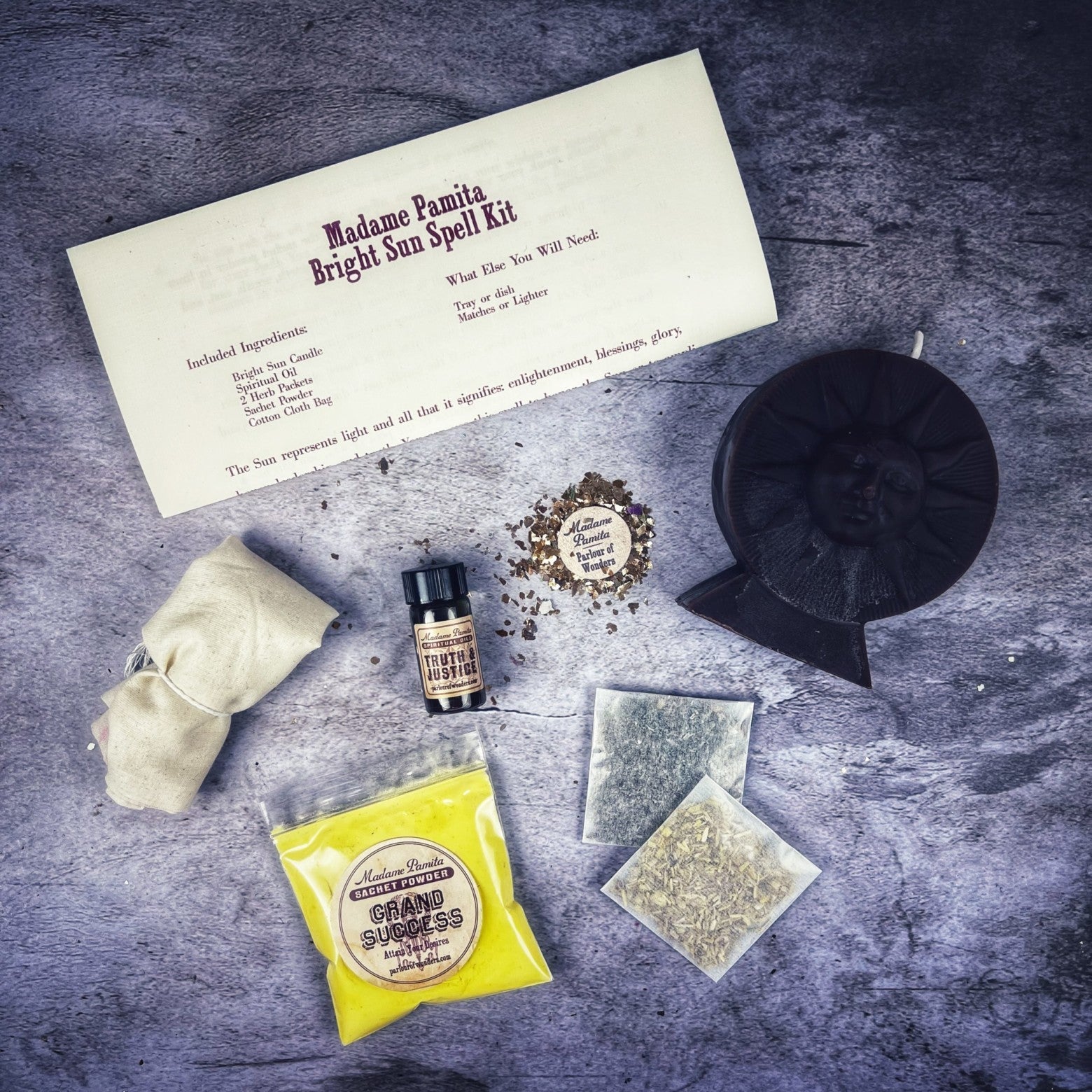 Bright Sun Candle Spell Kit by Parlour of Wonders featuring black candles for success, fame, and radiant energy spells.