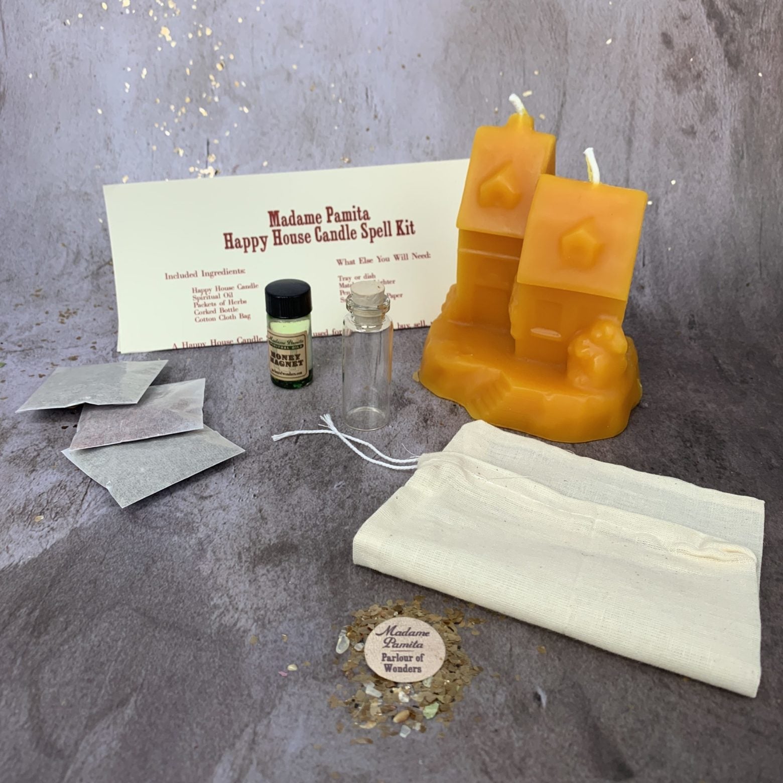 Parlour of Wonders Happy House Candle Spell Kit with black candles, herbs, and crystals for home protection, harmony, and blessings.