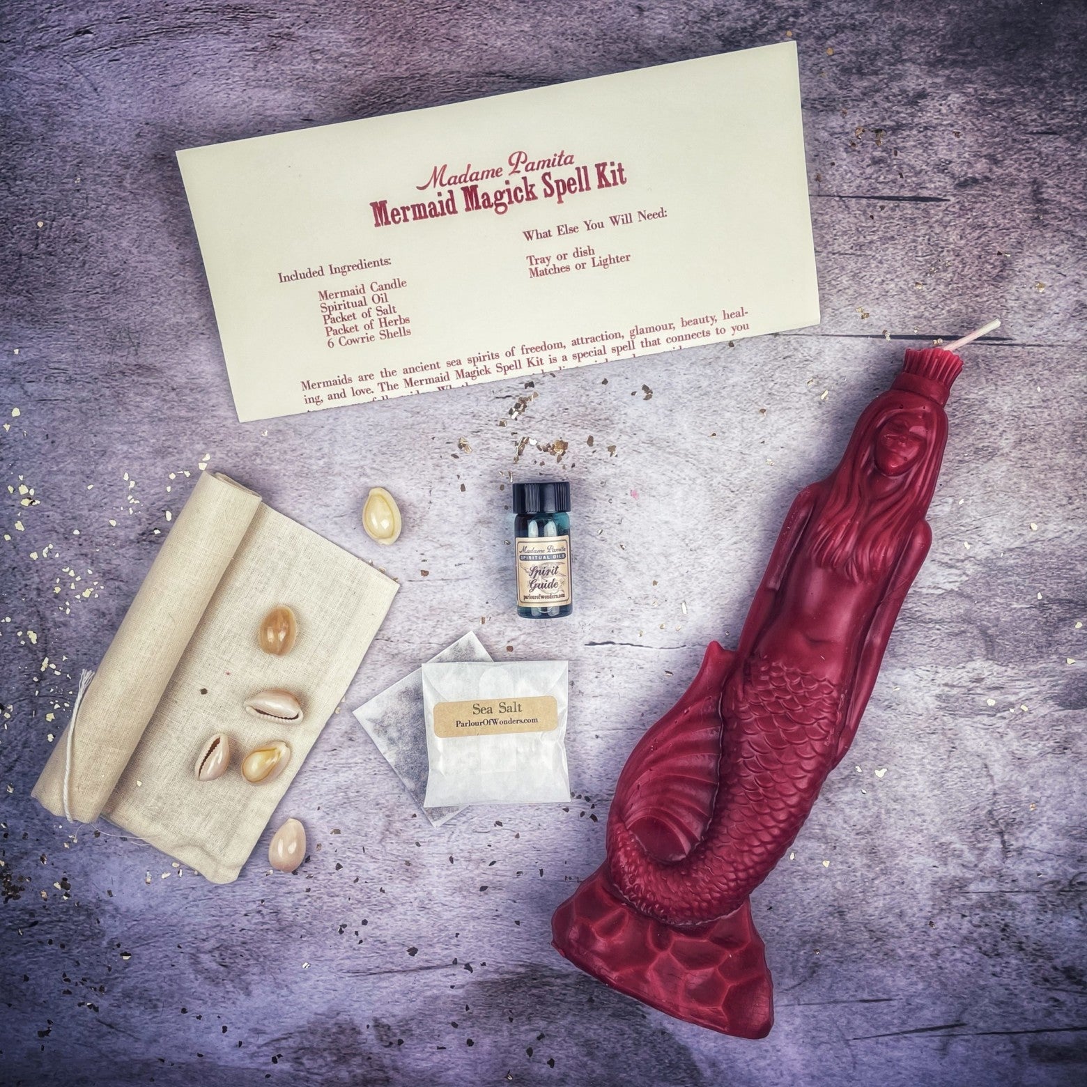 Mermaid Magick Candle Spell Kit by Parlour of Wonders with black protection and water goddess magic candles for love and beauty.