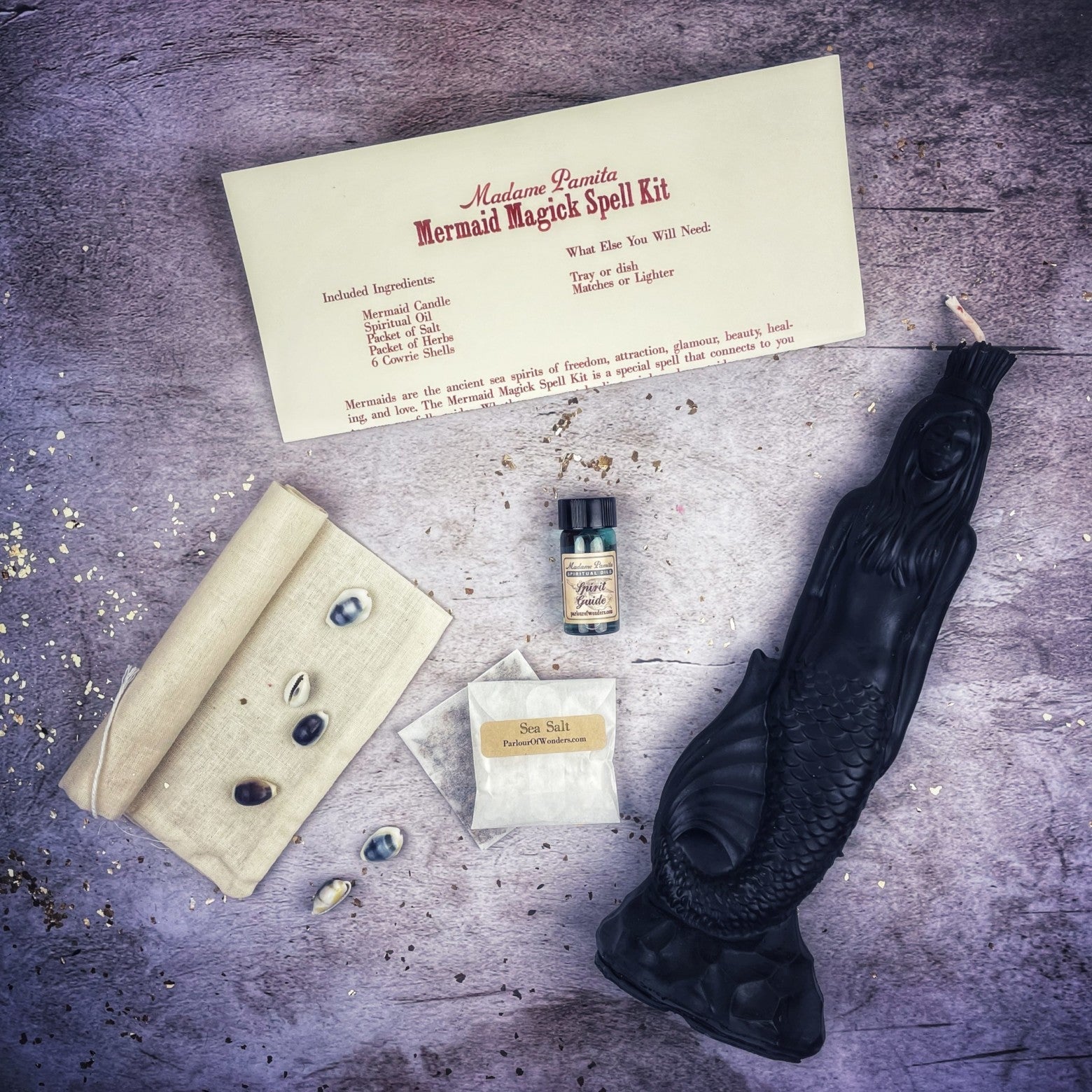 Parlour of Wonders Mermaid Magick Candle Spell Kit featuring black candles for love, beauty, and water goddess magic.