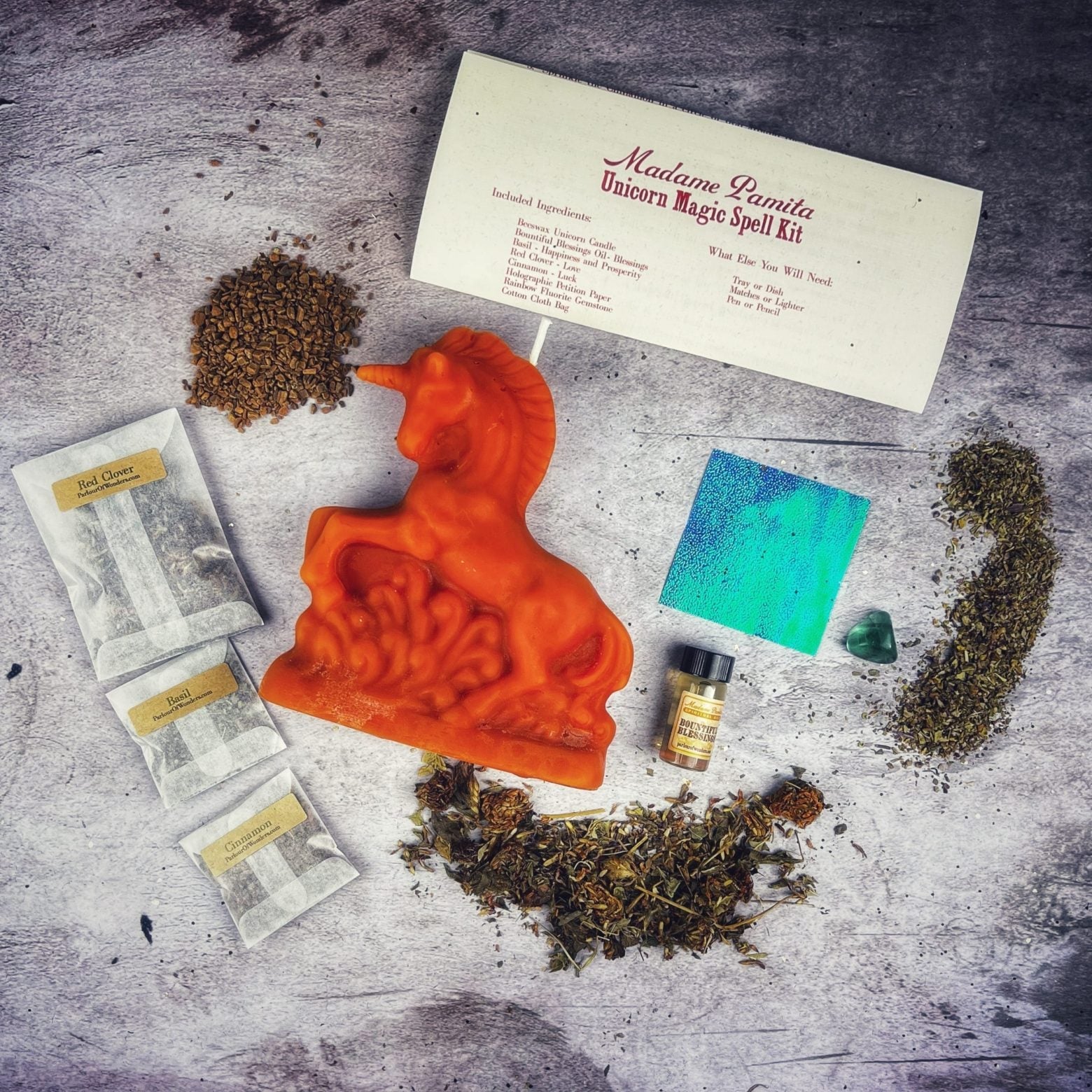 Black Unicorn Magic Candle Spell Kit for manifestation and wishes by Parlour of Wonders, includes candles and spell components for magic rituals.