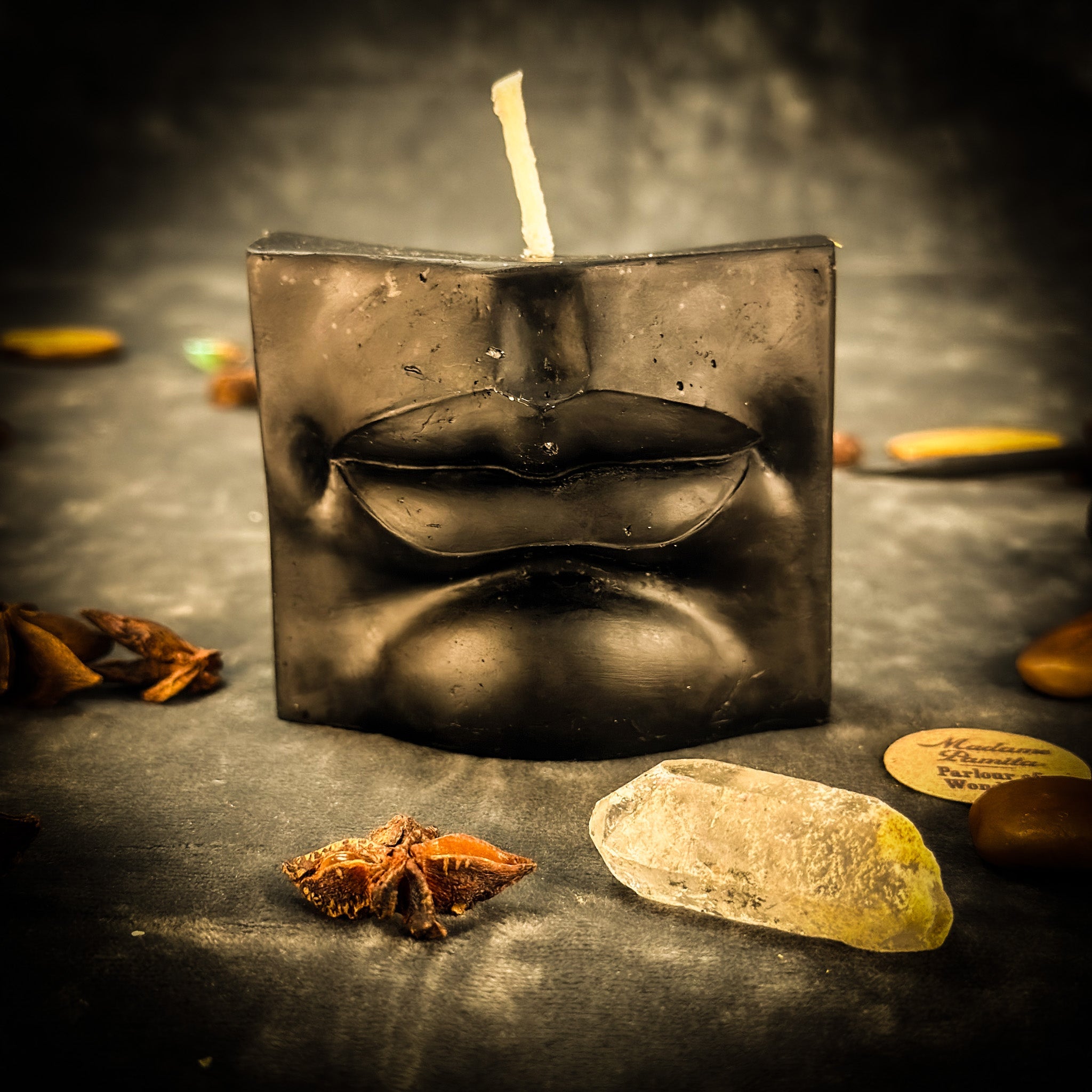Blue Ex-Voto Mouth Candle Spell Kit for communication and healing magic by Parlour of Wonders, featuring candles and ritual tools.