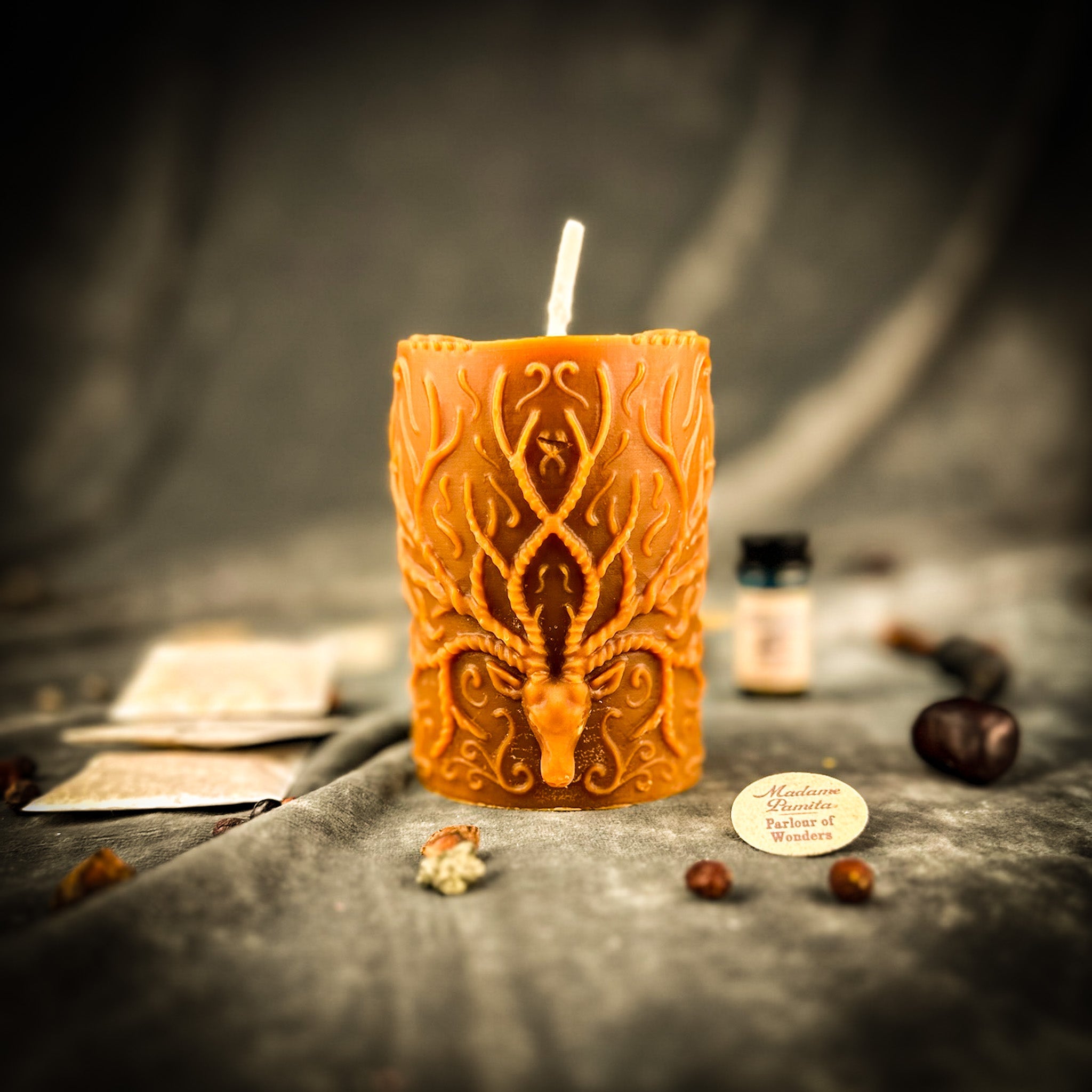 Parlour of Wonders Stag of the Quest Candle Spell Kit with brown candles, spiritual symbols, and ritual tools for guidance and magic.