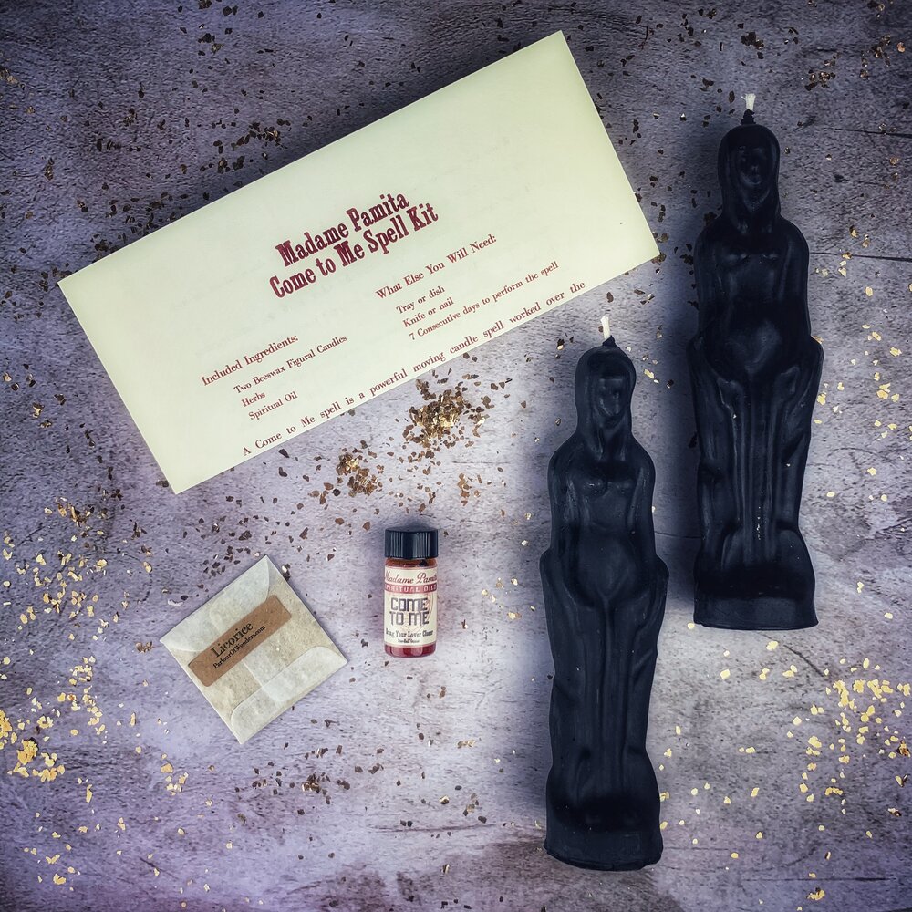 Come to Me Candle Spell Kit for female/female love attraction, featuring brown candles and grounding symbols from Parlour of Wonders.