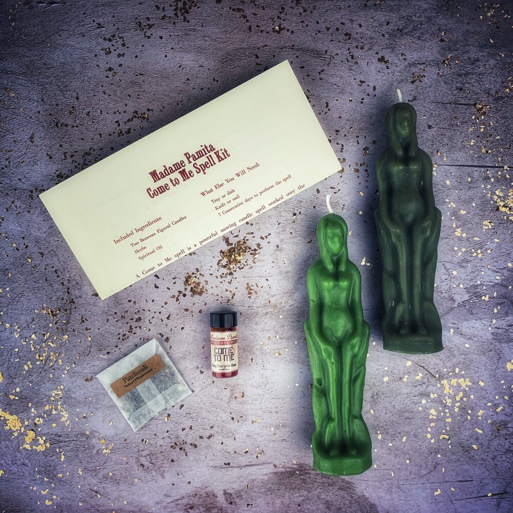 Parlour of Wonders Come to Me Candle Spell Kit for female couples, featuring brown candles for love and passion attraction.