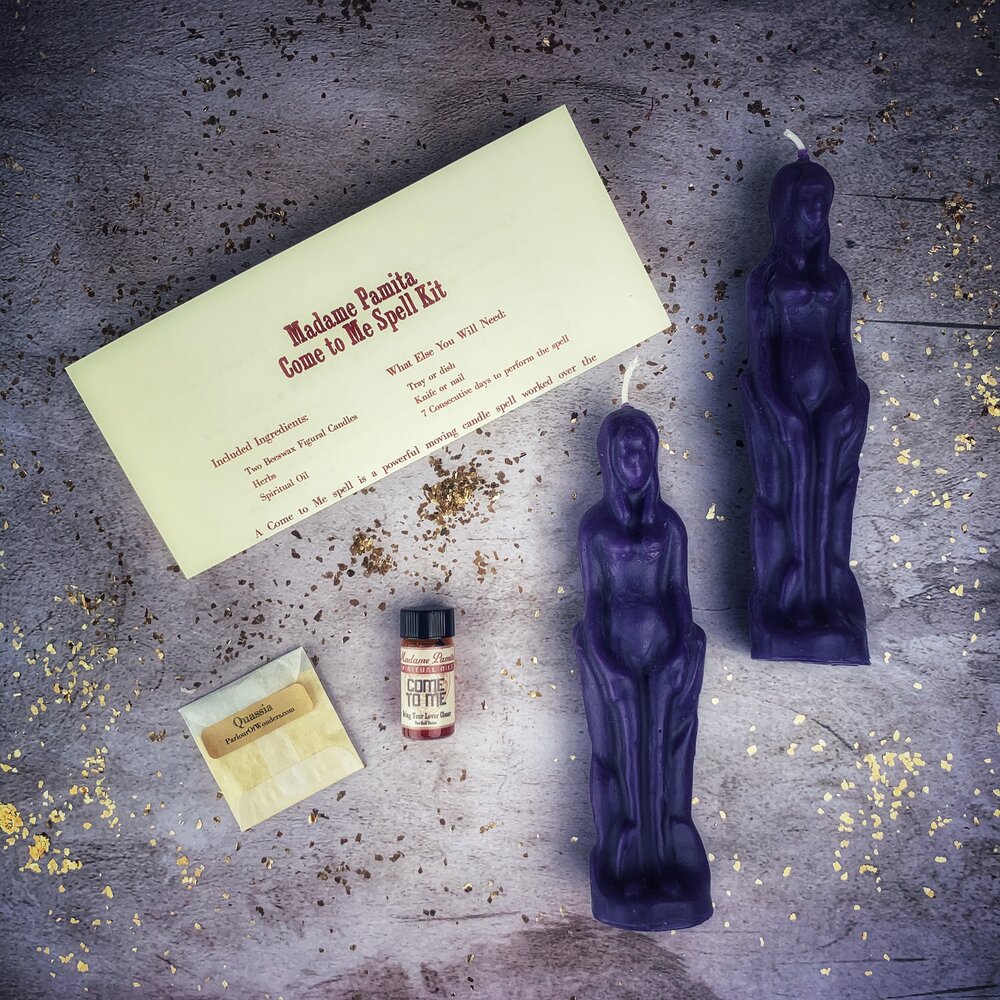Come to Me Candle Spell Kit for female couples, includes brown candles and grounding elements to attract love and passion.