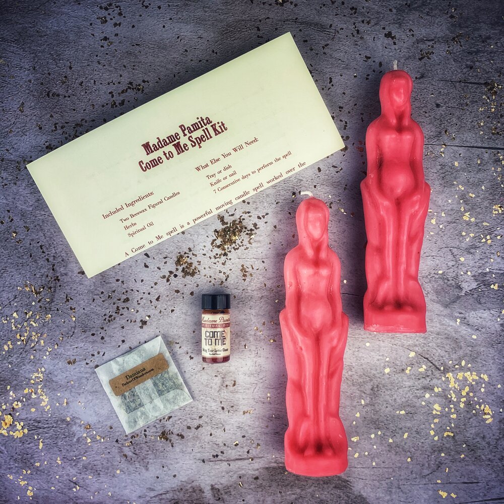 Come to Me Candle Spell Kit for female/female love and passion from Parlour of Wonders, featuring brown candles and spiritual tools.