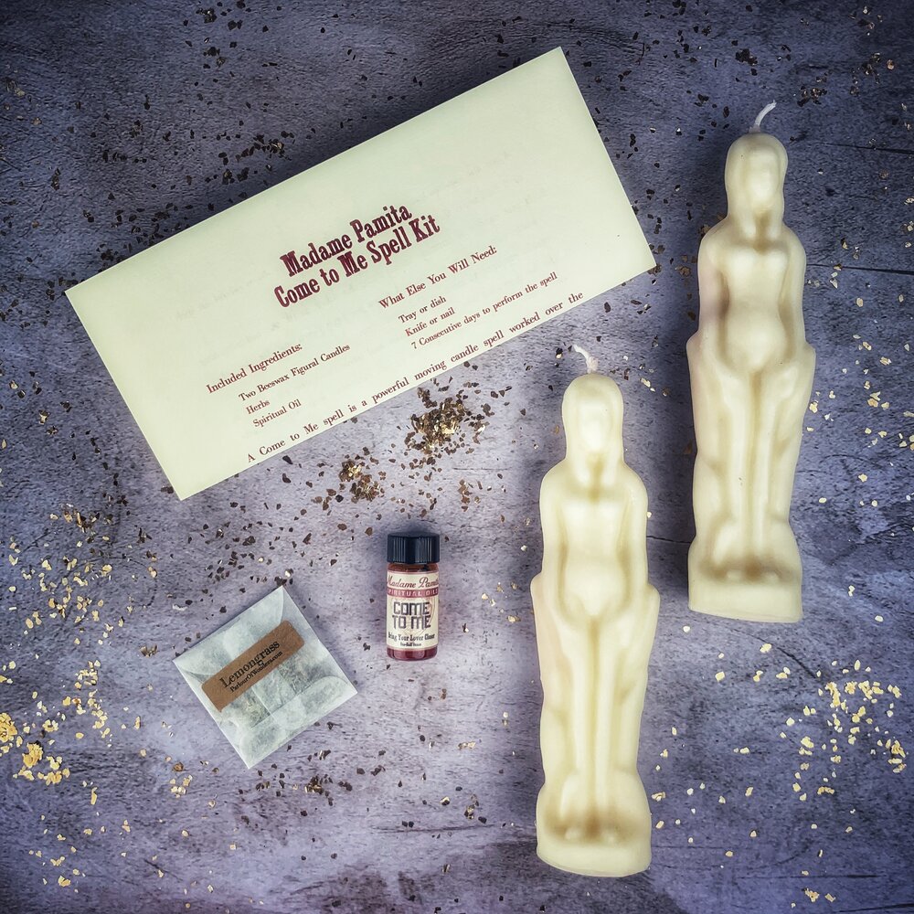 Parlour of Wonders Come to Me Candle Spell Kit with brown candles for female/female love and passion attraction.