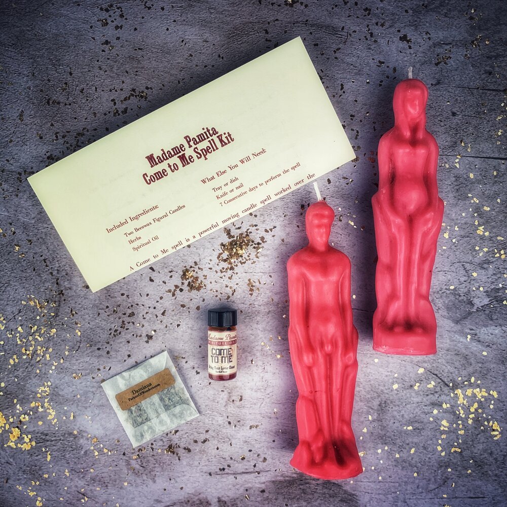 Come to Me Candle Spell Kit by Parlour of Wonders with brown candles for attracting love and passion, featuring male and female symbols.