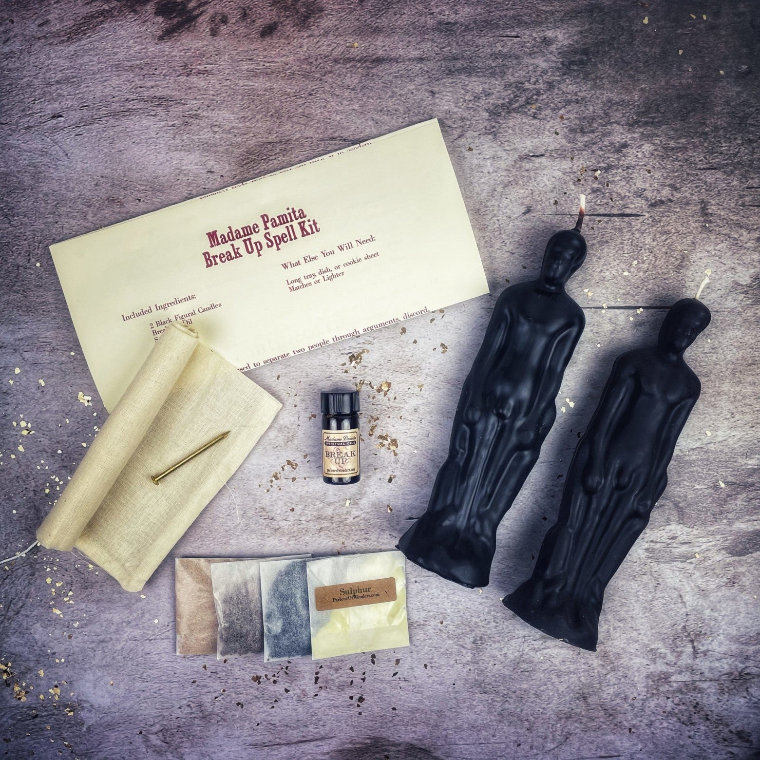 Parlour of Wonders Break Up Candle Spell Kit for male/male relationships, featuring candles and spiritual tools to end partnerships.