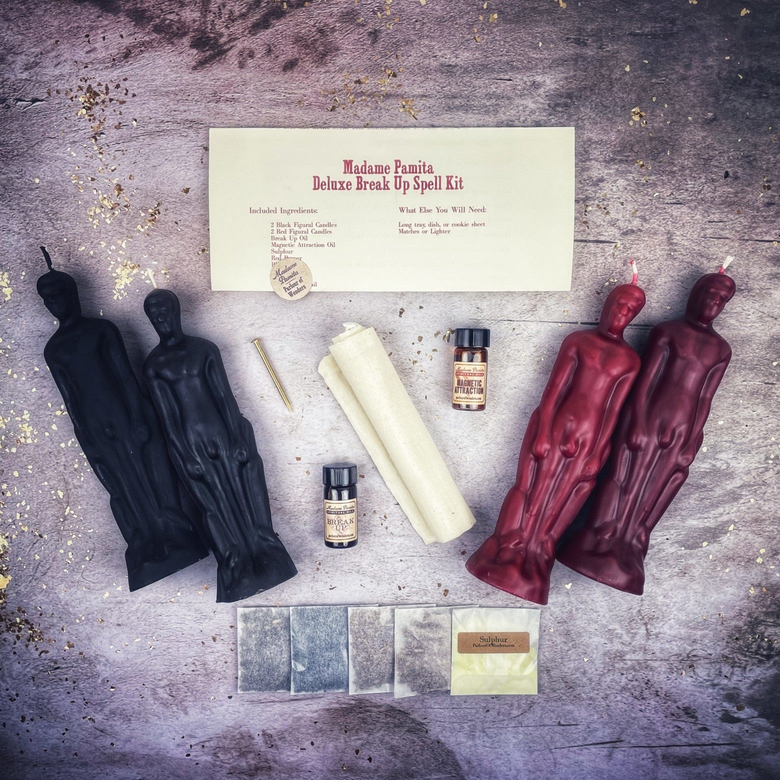 Deluxe Break Up Candle Spell Kit for Male/Male separation and love guidance by Parlour of Wonders, includes candles and spell tools.