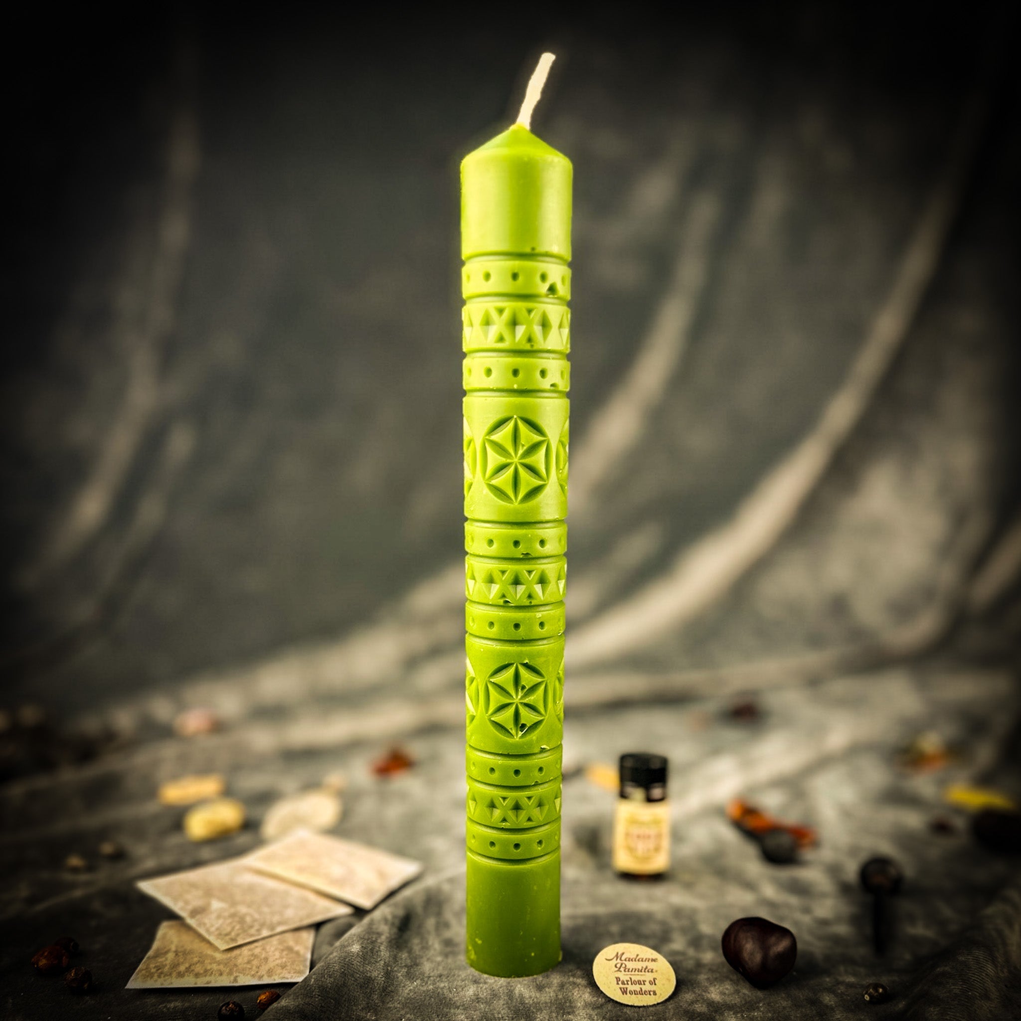 Green Rozetka Six Petal Rosette Candle Spell Kit by Parlour of Wonders for protection and harmony, featuring six-petal rosette candles.