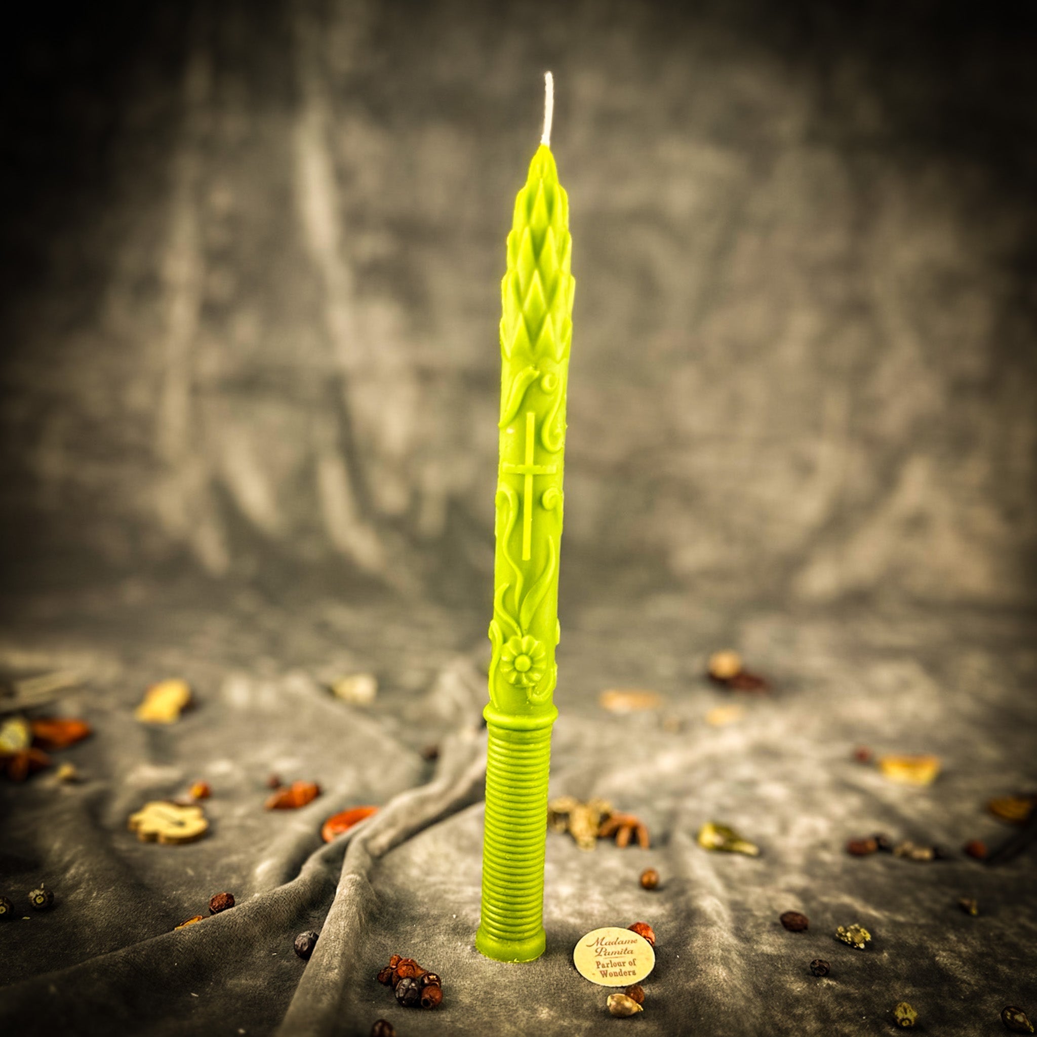 Parlour of Wonders Stritennya Asparagus Candle Spell Kit with green taper candles for renewal and protection rituals.