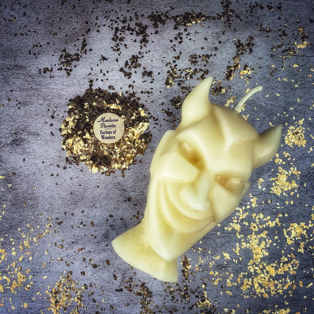 Parlour of Wonders Run Devil Run Candle Spell Kit with green candles for banishing evil or invoking trickster magic.