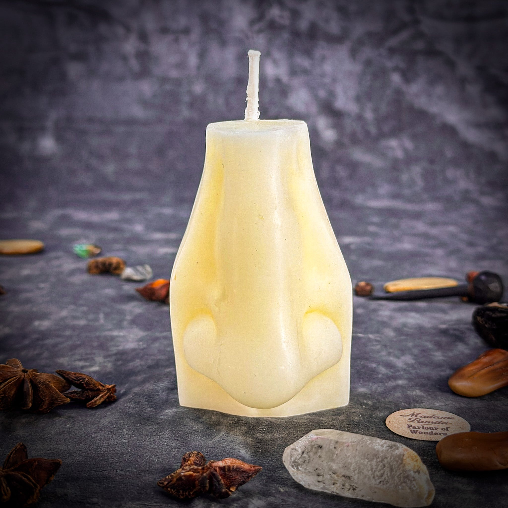 Green Ex-Voto Nose Candle Spell Kit by Parlour of Wonders for clairalience and intuitive scent magic, used in candle spell rituals.