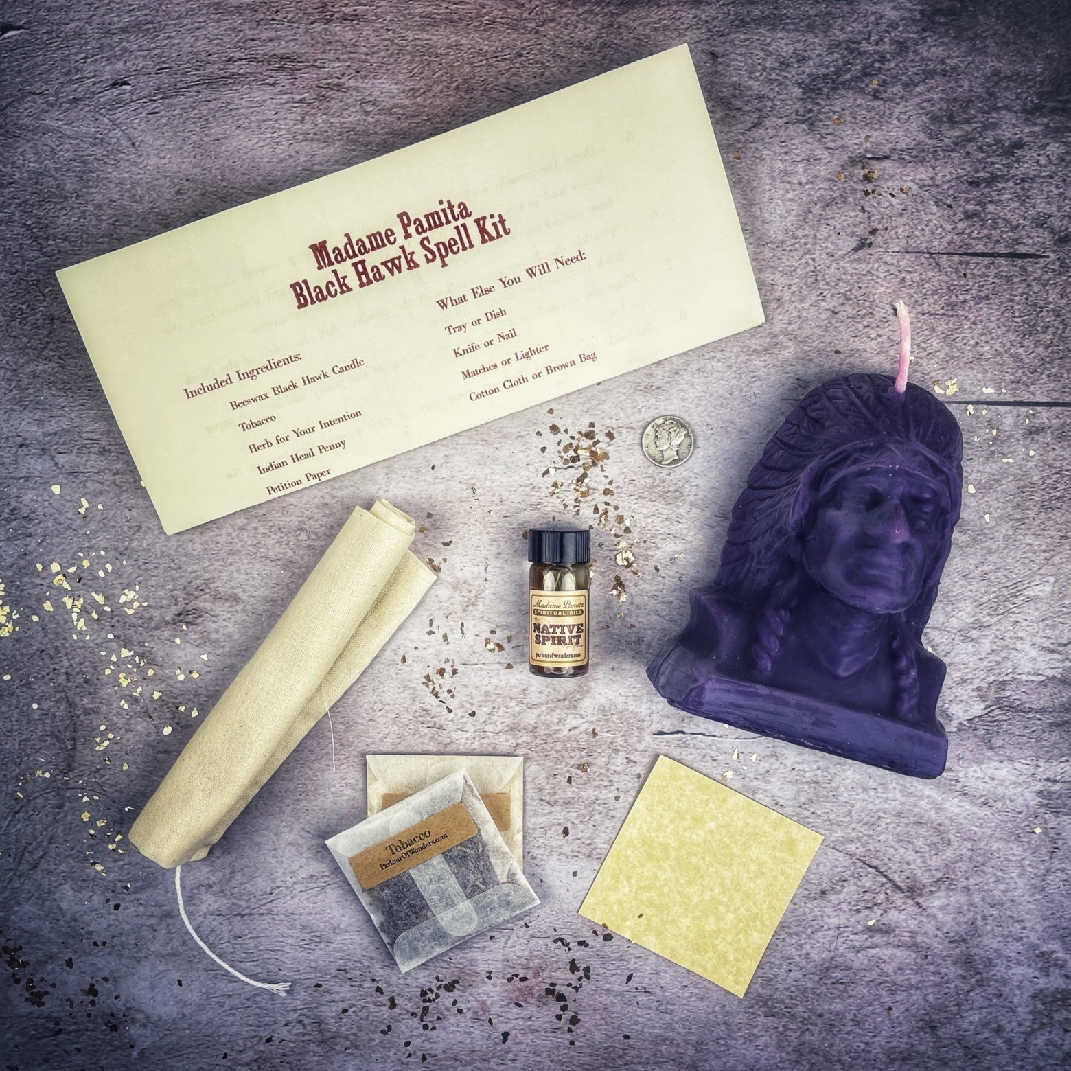 Black Hawk Justice Candle Spell Kit by Parlour of Wonders with orange candle for spirit guide and social justice magic.