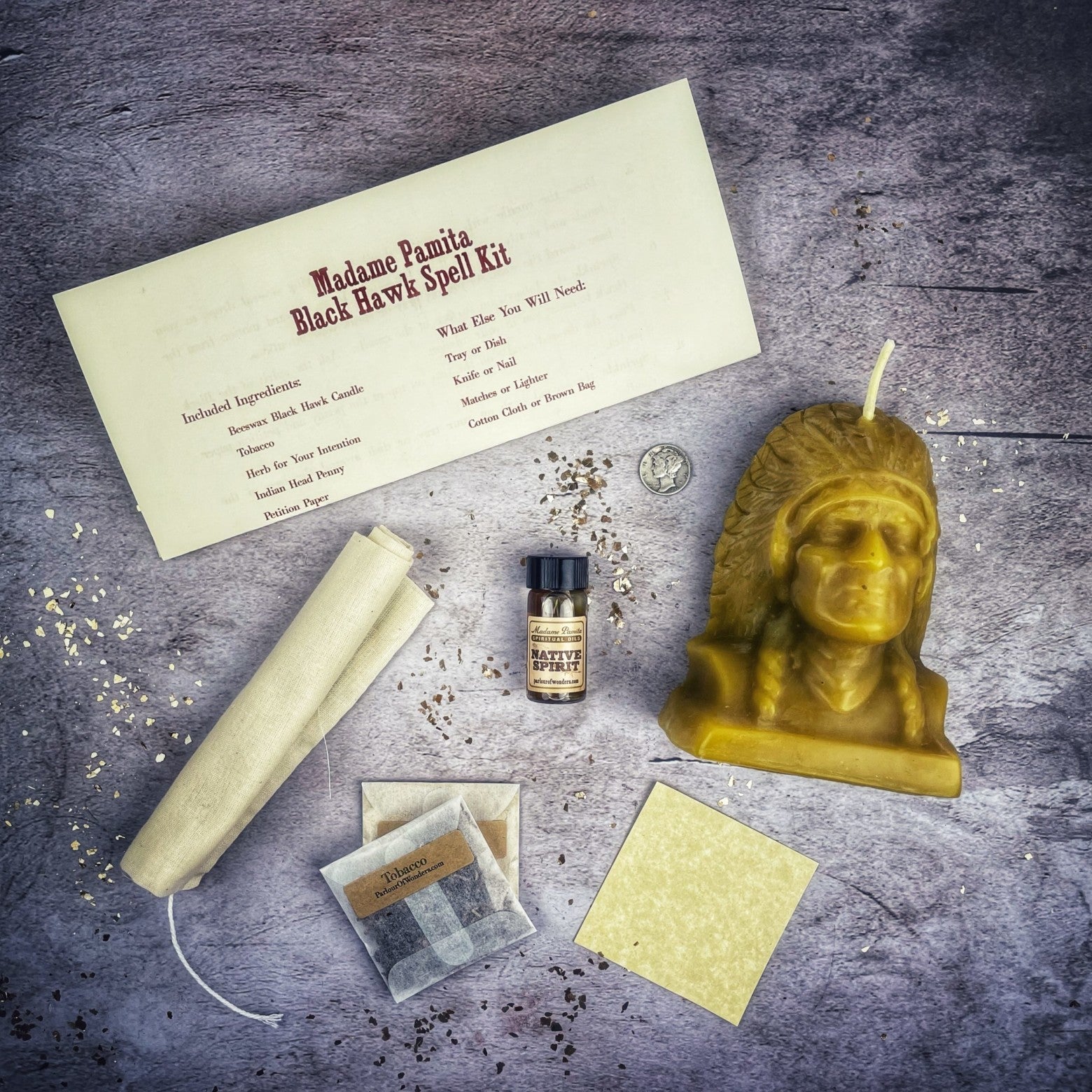 Black Hawk Justice Candle Spell Kit by Parlour of Wonders with orange candles for spirit guide and social justice magic.