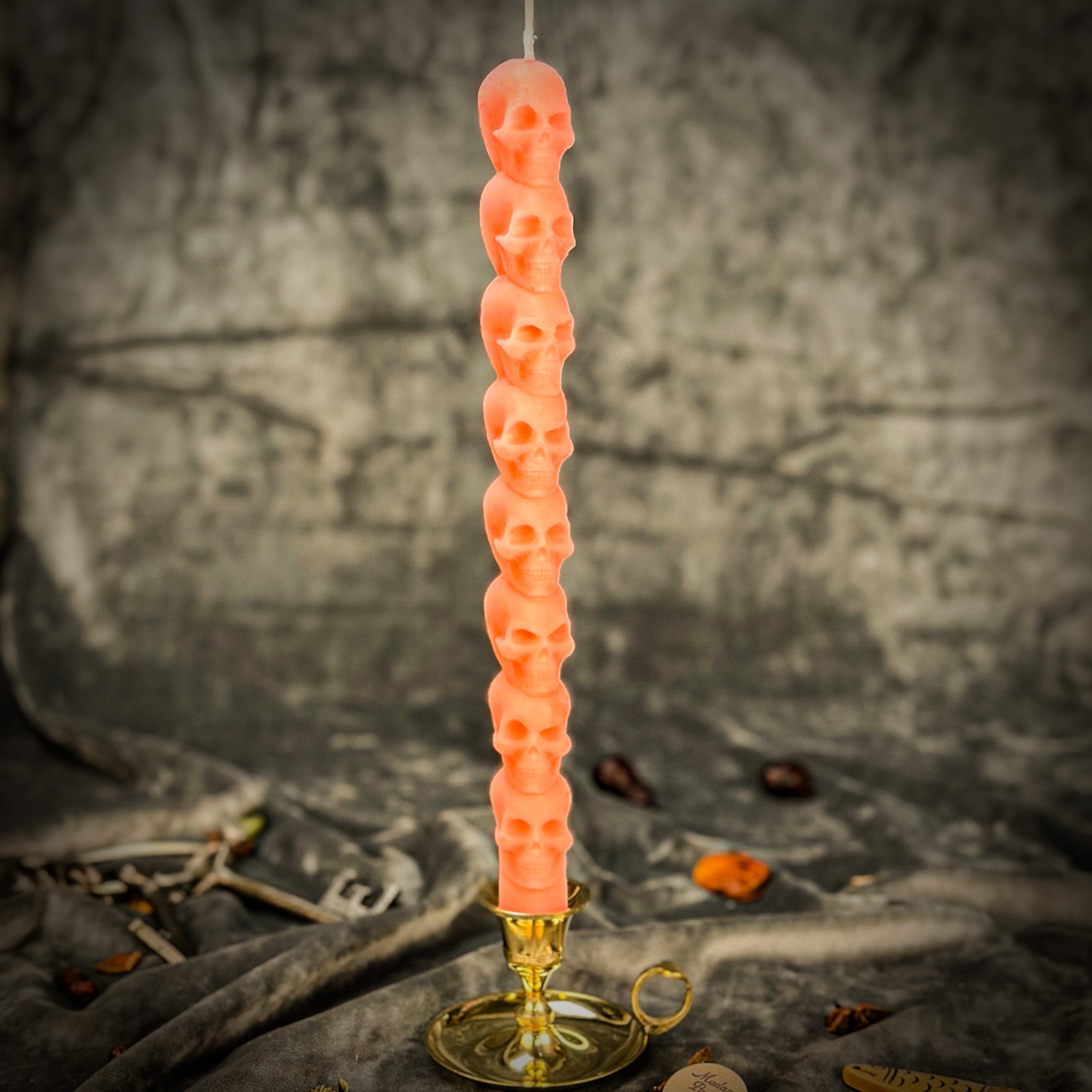 Orange Eight Day Skull Taper Candle Spell Kit by Parlour of Wonders, featuring candles and tools for mind influence and ancestral wisdom.