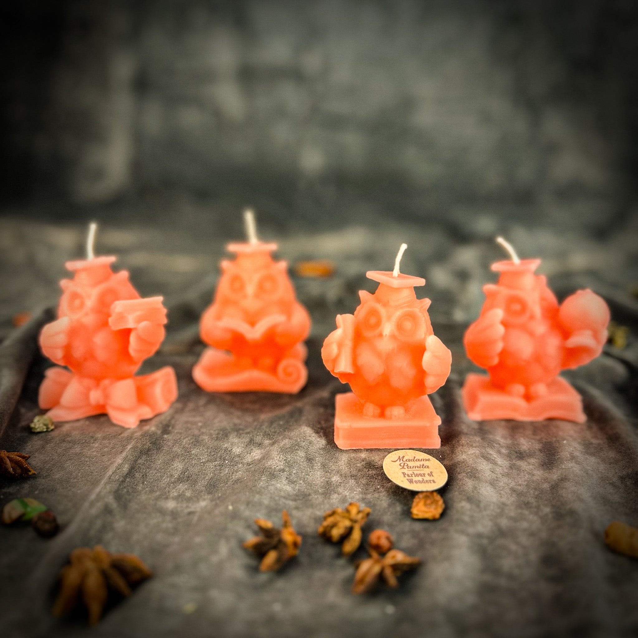 Parlour of Wonders School of Owls Candle Spell Kit featuring orange candles and symbols for academic success and wisdom.