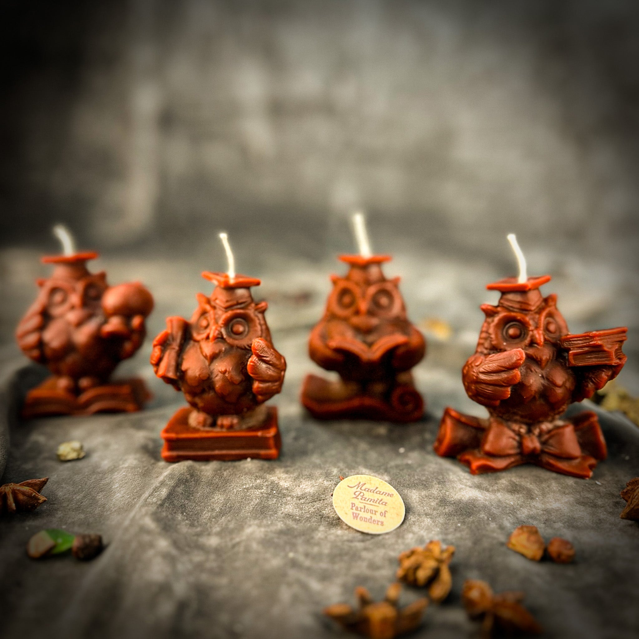 Parlour of Wonders School of Owls Candle Spell Kit with orange candles, symbols of wisdom, creativity, and academic success.