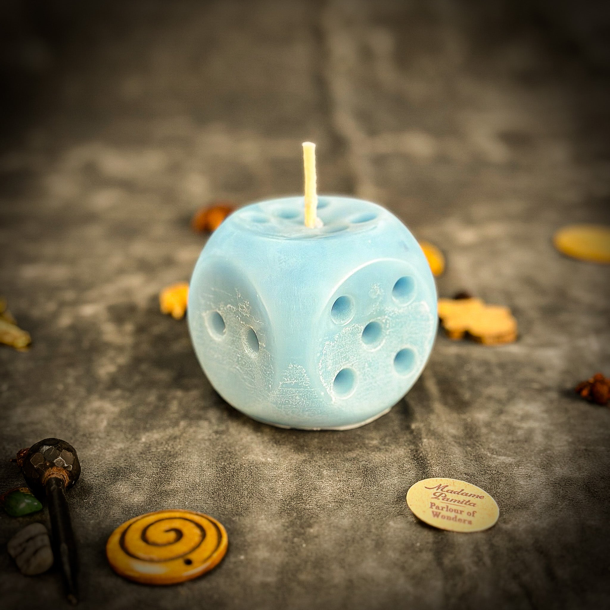 Parlour of Wonders Lucky Dice Candle Spell Kit with orange candle, dice, and spell components for gambling luck and good fortune.