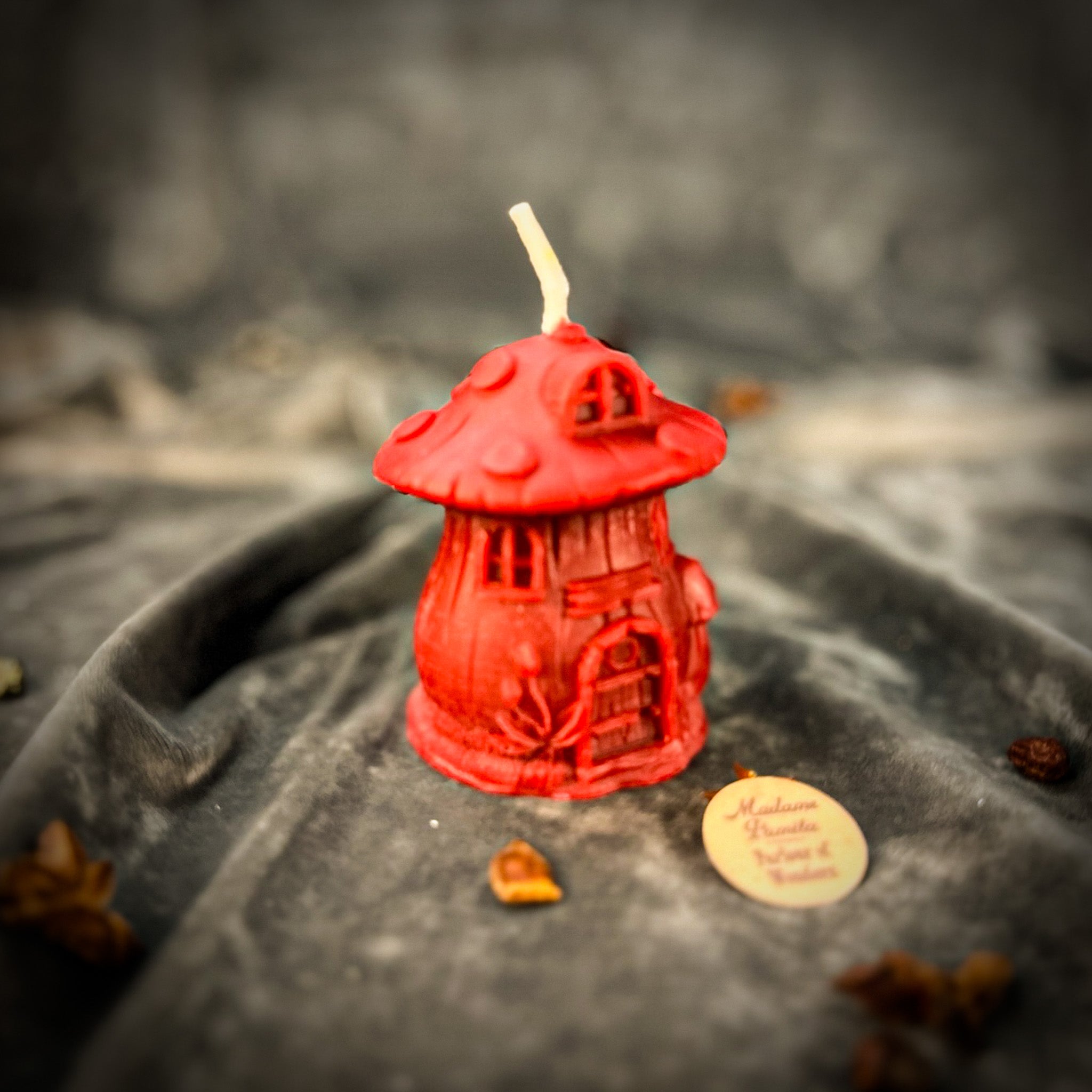 Parlour of Wonders cleansing mushroom fairy hut candle spell kit for purification and renewal magic with orange candle and mystical elements.