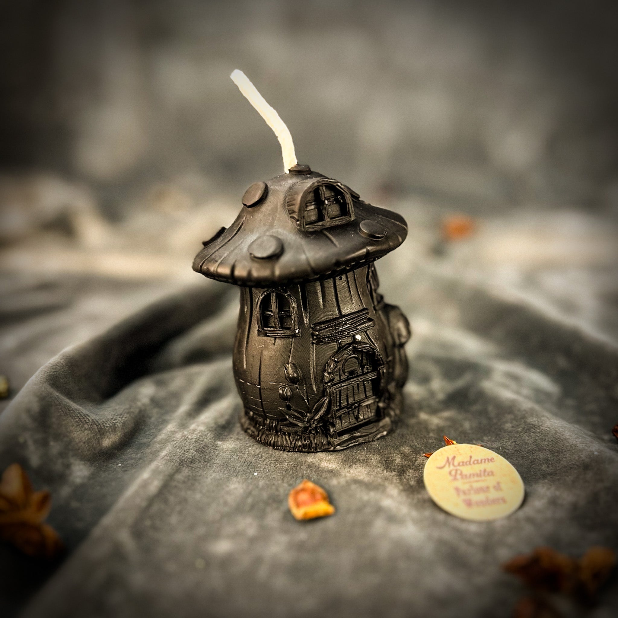Parlour of Wonders cleansing mushroom fairy hut candle spell kit with orange candle for purification and renewal magic.