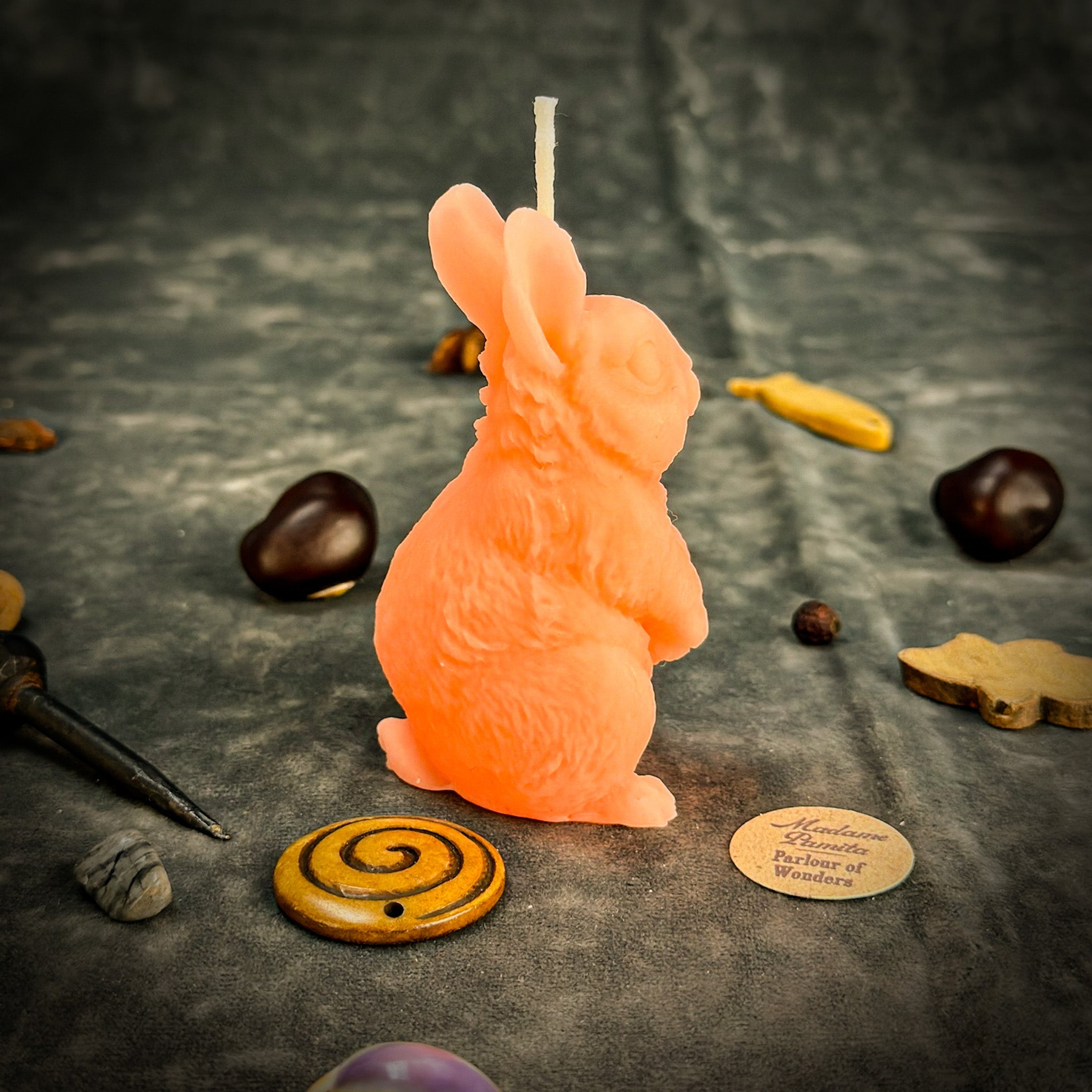 Parlour of Wonders Enchanted Bunny Candle Spell Kit for abundance and quick thinking magic, featuring orange candles and mystical components.