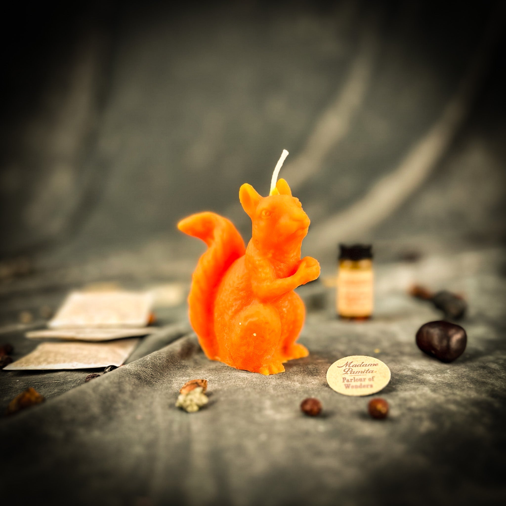Parlour of Wonders Squirrel of Abundance Candle Spell Kit with orange candles and prosperity symbols for wise investments magic.